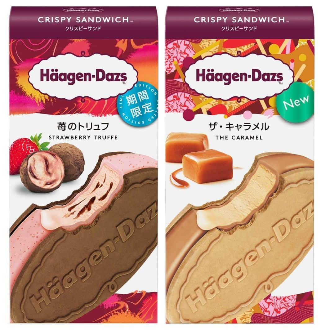 もぐナビさんのインスタグラム写真 - (もぐナビInstagram)「💘🍯1月28日(火)期間限定発売🍯💘⠀⠀⠀⠀ ハーゲンダッツクリスピーサンド『ザ・キャラメル』 ⠀⠀ ハーゲンダッツクリスピーサンド『苺のトリュフ』⠀ .⠀⠀⠀⠀ .⠀⠀⠀⠀ .⠀⠀⠀⠀ 🐝発売日：2020年1月28日(火)⠀ 🐝価格：295円（希望小売価格：消費税抜き）⠀⠀⠀ 🐝取扱店舗：全国のスーパーマーケット、コンビニエンスストア、デパート他⠀⠀⠀ .⠀⠀⠀⠀ 定番フレーバーのキャラメルが、甘くミルキーな味わいにバージョンアップ😍⠀ 「苺のトリュフ」は、苺を使用しリッチなトリュフ味を表現💖⠀ .⠀ ミルクのコクとキャラメルの甘さが際立つ「ザ・キャラメル」と、苺の甘みと酸味、さらに生クリームの濃厚さが際立つガナッシュソース入りの「苺のトリュフ」をクリスピーの食感とともに楽しんでみて🍓🍯⠀ .⠀⠀⠀⠀⠀ #ハーゲンダッツ #キャラメル #苺 #トリュフ #新商品 #新作 #アイスクリーム #もぐナビ」12月6日 12時07分 - mognavi.jp