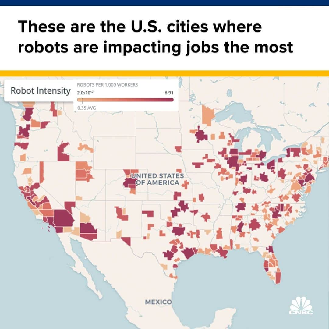 CNBCさんのインスタグラム写真 - (CNBCInstagram)「The use of robots in U.S. workplaces has more than DOUBLED since the Great Recession.⁠ ⁠ But the impact has hit certain areas of the country – and segments of workers – way more than others. Nationwide, there are about 0.34 robots per every 1,000 human workers, according to The Century Foundation. ⁠ Cities like Los Angeles squash that number, though. In the Los Angeles-Long Beach-Santa Ana area, there’s 6.91 robots for every 1,000 workers. 👀⁠ ⁠ To see how many robots per worker there are in your city, visit the link in bio. (With @CNBCMakeIt)」12月6日 12時00分 - cnbc