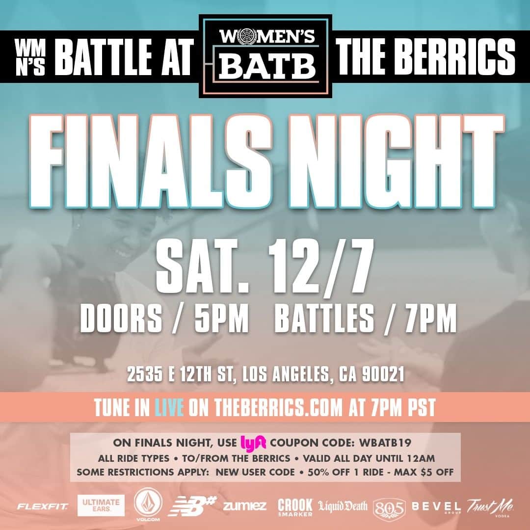 The Berricsさんのインスタグラム写真 - (The BerricsInstagram)「TOMORROW NIGHT!!!! You're invited the very first Women’s Battle At The Berrics Finals Night this Saturday night at 7pm! This event will be PACKED so plan on being here when the doors open at 5pm. *NO SKATEBOARDS will be allowed into the event* We're also hooking you up with a @lyft discount code “WBATB19” to use for your trip to and from The Berrics! If you cant be at the event be sure to tune into the live stream starting at 7pm PST on TheBerrics.com 📺 We'll see you on December 7th! #WBATB #skateboardingisfun #berrics #skateboarding @volcomskate @nbnumeric @flexfit @ultimateears @zumiez @redbullskate @bevelgroup @crookandmarker @805beer @trustmevodka @liquiddeath」12月6日 23時00分 - berrics