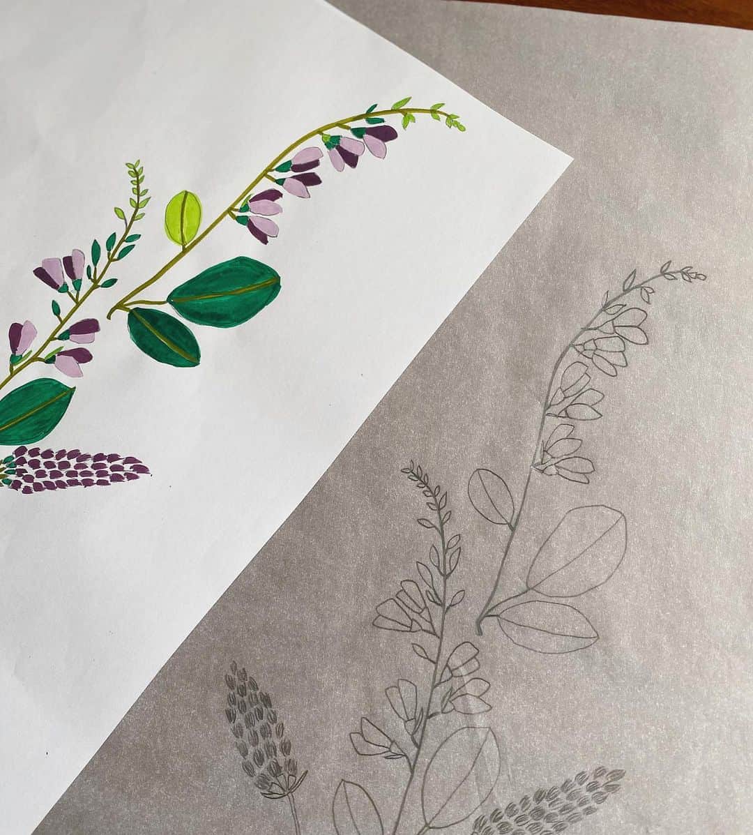 OLIKA vintage brollopのインスタグラム：「-sketching-  botanical embroidery  夏物の刺繍用のスケッチ  久しぶりに絵の具を出してきたら なんだか子供の頃を思い出して すごく楽しかったです  これから配色決め 大変だけど好きな作業のひとつです  #OLIKA #2020summer #embroidery #botanical #刺繍」