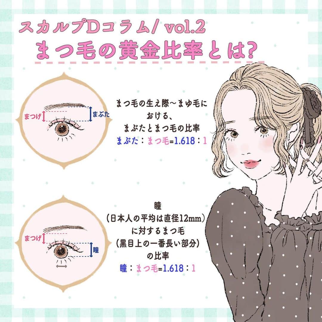 スカルプDのまつ毛美容液のインスタグラム：「. . 【スカルプDコラムVol.2】 . まつ毛の黄金比率 美しいまつ毛の法則を解明！ その法則を知れば、あなたのまつ毛もより美しくなっちゃうかも🐰🎀 . 🌟黄金比のポイント . マスカラの塗り方として多くの女性は、目の中央部分から目尻にかけては入念に塗りますが、目頭については忘れがち😿💦 . 目を大きく印象づけるためには目頭もしっかりマスカラをつけて綺麗なセパレートまつ毛をつくるのがポイントです♪ . イラスト ❤︎ @frp_y . 🎀今までのイラストをチェック🎀 . スカルプDまつ毛美容液公式Instagramで過去に紹介したイラストは #scalpd_illustration でまとめてチェックできます🐰❣️ . #スカルプD #スカルプDのまつ毛美容液 #まつ毛 #まつ毛ケア#まつ毛美容液 #まつげ美容液 #スカルプDのマスカラ #まつ毛メイク #美容好き#美容液 #美容垢 #目元ケア #美容好きな人と繋がりたい #美容マニア #美容オタク#ビューラー#美まつ毛#女子力#女子力向上委員会 #成功コスメ #イラスト#イラストグラム#モテ #モテメイク#メイクテク#女子力 #マスカラ #アイライナー #イラストメイク #ナチュラルメイク」