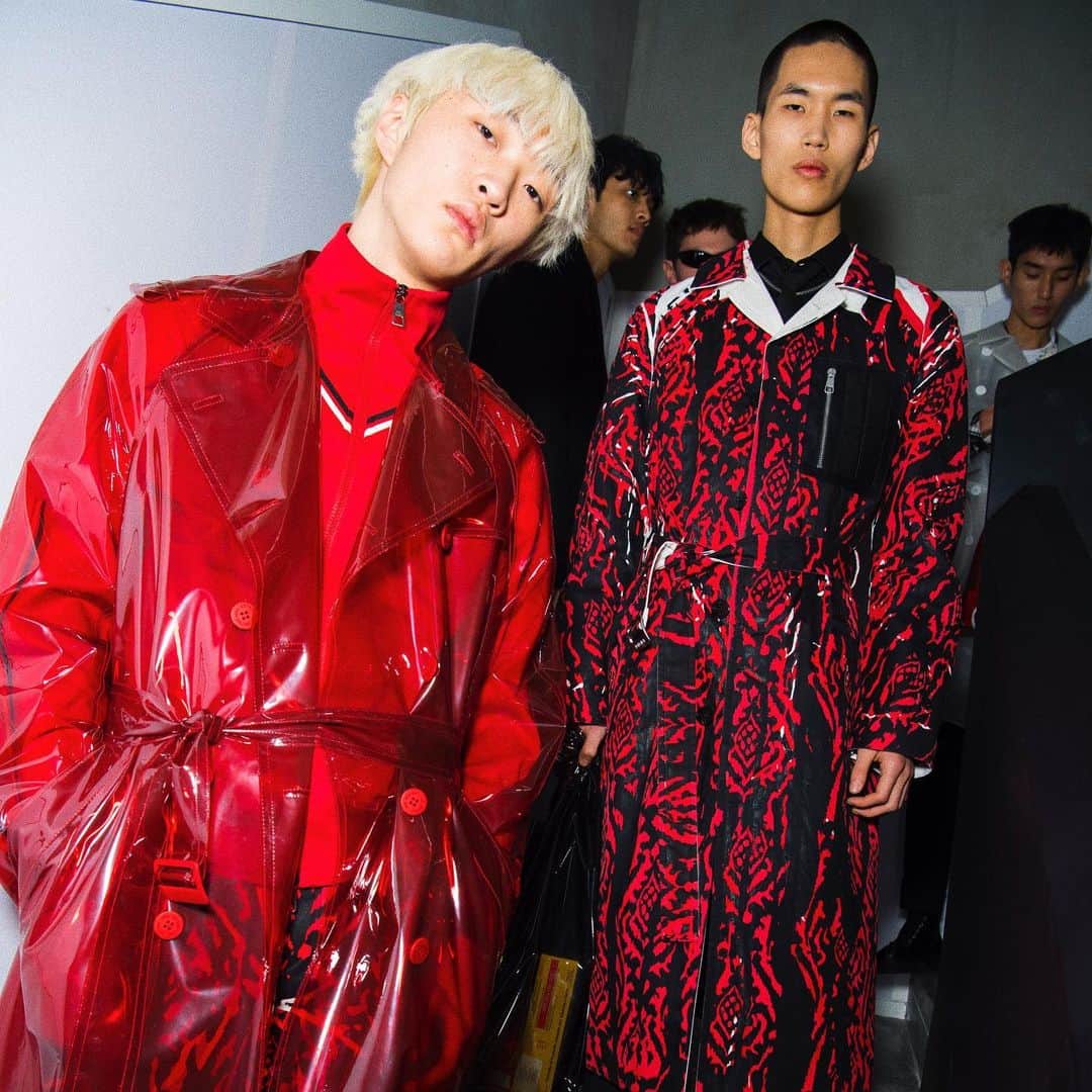 のインスタグラム：「#AllRedEverything / Neil Barrett PVC Trench Coat & Abstract Animal Motif Coat at Show FW19 Backstage / #NeilBarrett #BornInBritain #FW19」