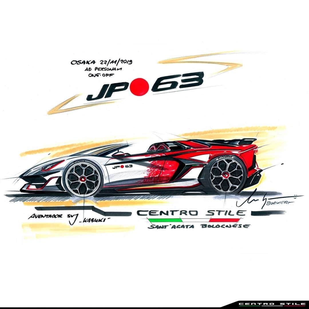 のインスタグラム：「Certain things are so exclusive that it takes a sketch to capture its true essence. Centro Stile Lamborghini beautifully illustrated this with the Kabuki inspired one-off Aventador SVJ 63 Roadster that premiered on Lamborghini Day Japan 2019.  #Lamborghini #AventadorSVJ63Roadster #CentroStileLamborghini #LamborghiniDay」