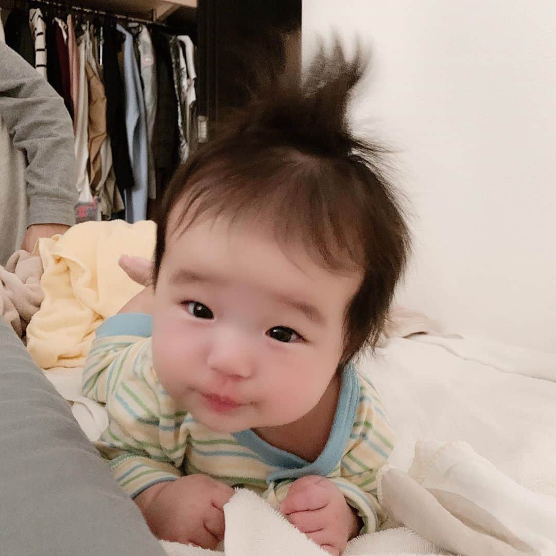 しほの涼のインスタグラム：「最近起きたよの合図は大絶叫😅💦 今日あまりにも眠くて、少し放っておいたら 叫んでも起きない私を諦めたのか見つめてため息ついてました😅💦 それにしても毎日寝癖がヤバすぎる😂💕 どうやって寝たら今日から俺はのようになってしまうの😂😂 #伊藤真司ヘア #赤ちゃんヘア#キューピーヘア#キューピーちゃん #寝起き#生後4か月」