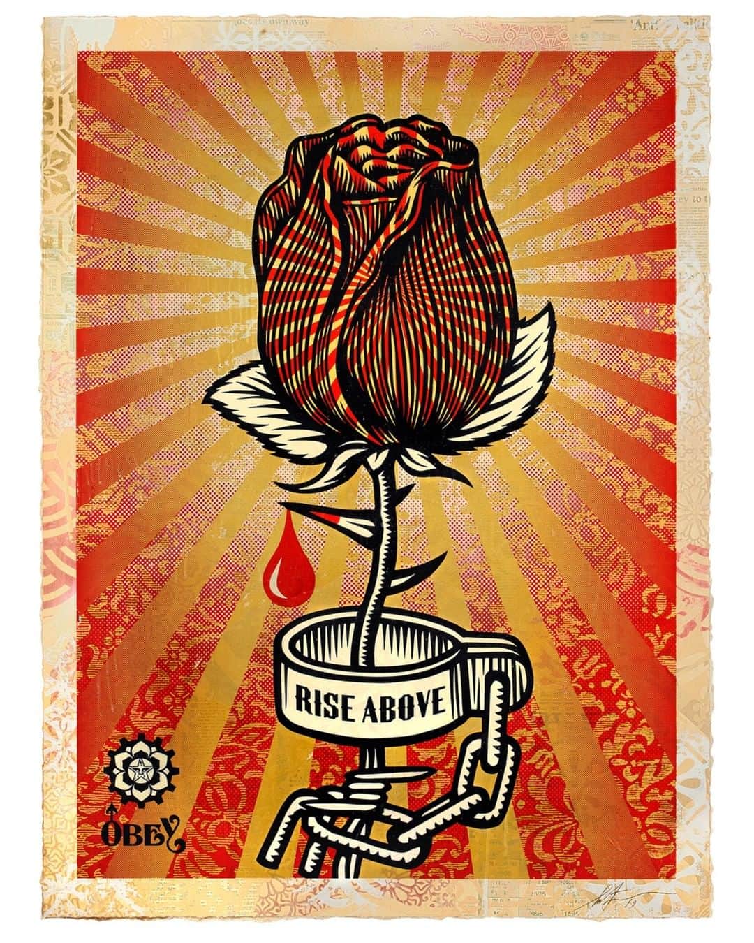 Shepard Faireyさんのインスタグラム写真 - (Shepard FaireyInstagram)「I donated this Rose Shackle HPM (hand-painted multiple) from my 30th-anniversary series to the PAINT (RED) SAVE LIVES auction! Proceeds from this piece will support @RED’s fight to end AIDS. Head to artsy.net/red (link in bio) to bid now & fight to save lives. Thanks for caring!⁠ -Shepard⁠ ⠀⠀⠀⠀⠀⠀⠀⠀⠀⁣⁠⠀⁠ Rose Shackle, 2019⁠ Silkscreen & Mixed media collage on paper, HPM⁠ 30 × 41 inches⁠ 76.2 × 104.1 cm⁠ ⠀⠀⠀⠀⠀⠀⠀⠀⠀⁣⁠⠀⁠ #paintRED #endAIDS #auction #artauction #obey #obeygiant #shepardfairey」12月8日 2時13分 - obeygiant