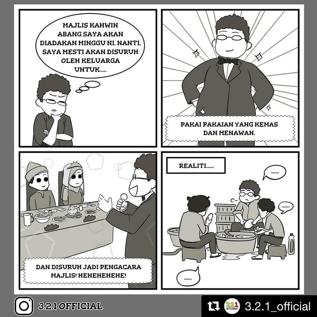 Koleksi Komik Malaysiaさんのインスタグラム写真 - (Koleksi Komik MalaysiaInstagram)「#Repost @3.2.1_official with @get_repost ・・・ Jangkaan vs realiti. Sekarang kan musim majlis kahwin 😆 Pergi ke sebelah untuk Bahasa Inggeris👉 . Jangan lupa sokong dengan follow, like dan subscribe akaun Instagram, Facebook dan Youtube rasmi kami! Komen dan tag kawan2 dan ahli keluarga kat bawah👇 . Expectation vs reality. Right now, it's a season of weddings😆 Swipe for English👉 . Don't forget to support us by follow, like and subscribe our official page at facebook, instagram and youtube! Drop your comment and tag friends and family below👇 . #comic #comics #comicstrip #animation #malaysia #komik #komikmalaysia #animasi #anime #cartoon #cartoonist #cartoons #drawing #illustration #mangaartist #mangadrawing #illustrator #komikstrip #gengkomik #webcomic #webtoon #kartun #lawak #komikviral #アニメ #マンガ #321OFFICIAL #kahwin #wedding malaysiancomi」12月7日 20時48分 - tokkmungg_exclusive