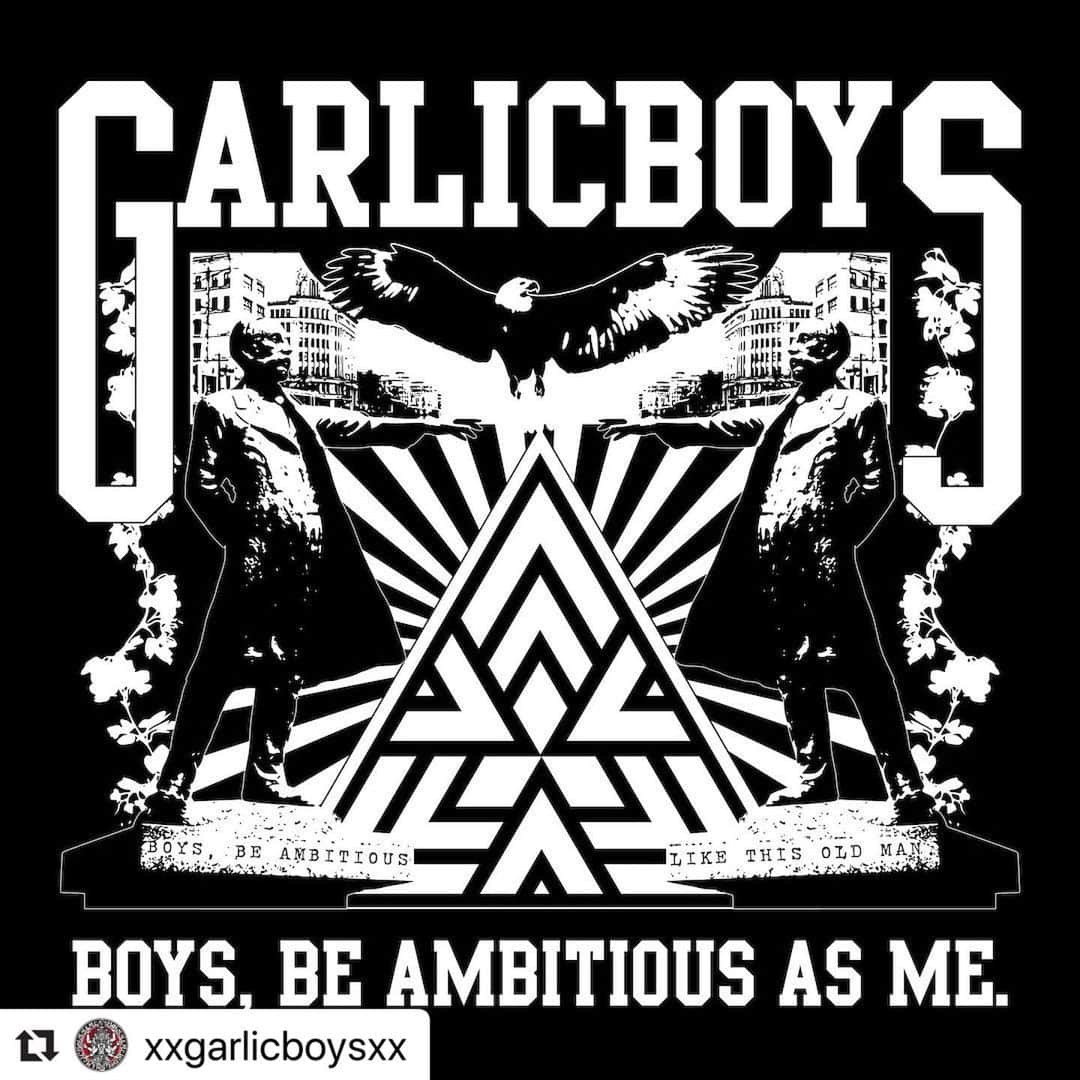 Larry のインスタグラム：「久々にデザインしましたよ。 どうぞ。  #Repost @xxgarlicboysxx with @make_repost ・・・ ‪【グッズ情報】‬﻿ ‪12月20日堺ファンダンゴで開催される「第五十一回 平成ラリー塾」当日販売のグッズ公開！‬﻿ ‪今回はラリー塾長、自らのデザイン。要チェック！‬﻿ ﻿ ‪第五十一回 平成ラリー塾‬﻿ ‪Boys, be ambitious ‬﻿ ‪～ SHOWNENよ大志を抱け‬﻿ ‪at 堺FANDANGO‬﻿ ‪w/ LOSTAGE‬﻿ ﻿ ‪チケット情報→‬﻿ ‪http://garlicboys.net/shows/‬」