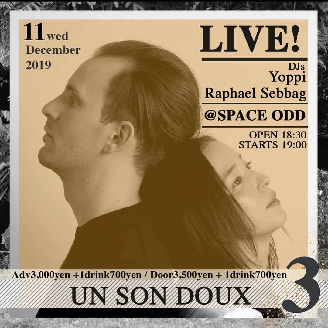 のインスタグラム：「12月11日(水)19:00〜SPACE ODDにてLIVE決定致しました！  今年の春にファーストアルバムをリリースしたJonathan DGX(G,Vo) + Chiharu Konno(Vo)のユニット UN SON DOUX の初ライブを代官山のSpace Oddでやります！皆さまのご来場心からお待ちしています！宜しくお願い致します！  LIVE「3」  会期：12月11日（水） 場所：SPACE ODD 住所：東京都渋谷区猿楽町2-11 氷川ビル302号室 時間：OPEN18:30、START19:00 料金：ADV¥3,000 + 1drink（¥700）、Door¥3500 + 1drink（¥700） spaceodd.jp 予約.お問合せ03.6452.5671(12:00〜18:00)」