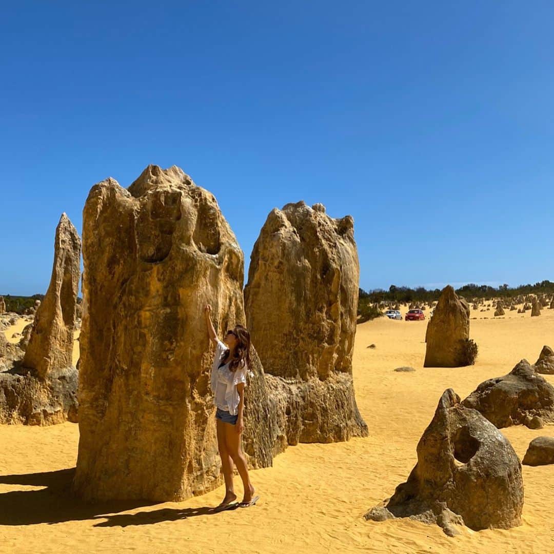 市原彩花さんのインスタグラム写真 - (市原彩花Instagram)「ピナクルズ🏜 不思議な岩がニョキニョキ生えてる砂漠🏜 も〜〜オーストラリアってすごいね‼️ 不思議過ぎて大感動でした😆✨ . パースのある西オーストラリアは毎日空が驚くほど綺麗✨ サンセットや星空ツアーもあるから、次はそっちも参加したいな😆 @veltra_official . . 📝ピナクルズツアーメモ📝 日差し超強いからサングラスと日焼け止めは必須😎 意外とパースは暑くはないから上着必須❣️ バスは運転手側(右)がずっと日が当たるから寒がりな人は右へ。焼けたくない人は左側の席に座ろう🚌 冷房苦手な人は、バスに置いておけるから膝掛けとか持って来ると良いよ🙆‍♀️ 移動時間長いからお菓子必須🍪🍫(途中の売店でも買えたけど高め💰) バスでは席ごと充電出来たよ📱😊 風も強めだしサンドボードもするから、動きやすい格好で来てね😆 コンタクトの人は目薬あるといいと思う🙆‍♀️ そして、とにかく一生の思い出になるよ📸 . ツアーURLはプロフィールかストーリーへ😊 #pinnacles#ピナクルズ#desert #砂漠#australia#オーストラリア#オーストラリア旅行記#perth#perthphotography#パース#パース旅行#パース旅行記#パース観光#珀斯#퍼스#海外旅行#veltra#tabirepo#ベルトラ公認旅レポーター」1月6日 20時19分 - ayaka_ichihara