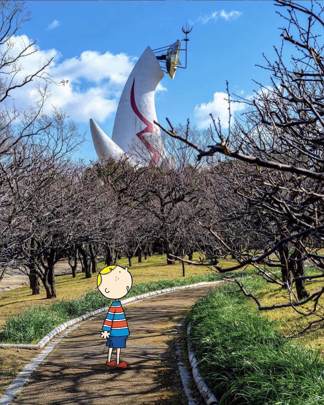 Osaka Bob（大阪観光局公式キャラクター）さんのインスタグラム写真 - (Osaka Bob（大阪観光局公式キャラクター）Instagram)「I've been walking around Expo Park and from this angle, the tower of the sun seems to be waving to me ♪  万博公園を散策してきたよ！ 太陽の塔もボクに手を振ってくれてるみたい♪ ————————————————————— #maido #withOsakaBob #OsakaBob #osakatrip #OSAKA #OsakaJapan #大坂 #오사카 #大阪 #Оsака #Осака #โอซาก้า  #太陽の塔 #thetowerofthesun #expo70commemorativepark #万博公園」1月6日 21時05分 - maido_osaka_bob
