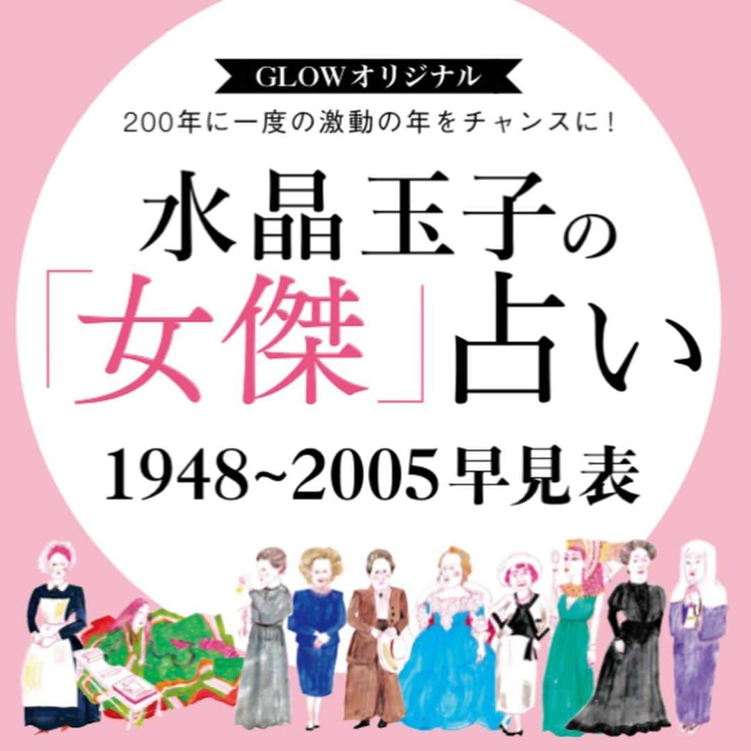 GLOWさんのインスタグラム写真 - (GLOWInstagram)「GLOW2月号、通常号の別冊「女傑占い」読んでいただけましたでしょうか？﻿ 年齢表を拡大したので、ぜひ家族や友だちと調べて楽しんでいただけたら嬉しいです！そして、2020年ハッピーな年にしましょう✨﻿ ﻿ タイプの見つけ方﻿ ① 自分が生まれた年と月が交わる欄の数字を調べます。﻿ ﻿  ② ①の数字に自分の生まれた日の数字を足します。足した数字が61 以上になったら60を引いてください。 ﻿ ﻿ ③ 5枚目の画像から、②の数字を探します。左に書かれた女傑の名前が自分の女傑タイプになります。﻿ ﻿  例﻿ 1977年１月10日生まれの場合、表１で導かれる数字が27。それに10を足して37。5枚目の画像で37を探して、マーガレット・サッチャータイプになります。﻿ ﻿ #雑誌グロー #女傑占い #水晶玉子 先生 #占い #2020年 #開運 #編集T」1月6日 22時35分 - glow_tkj