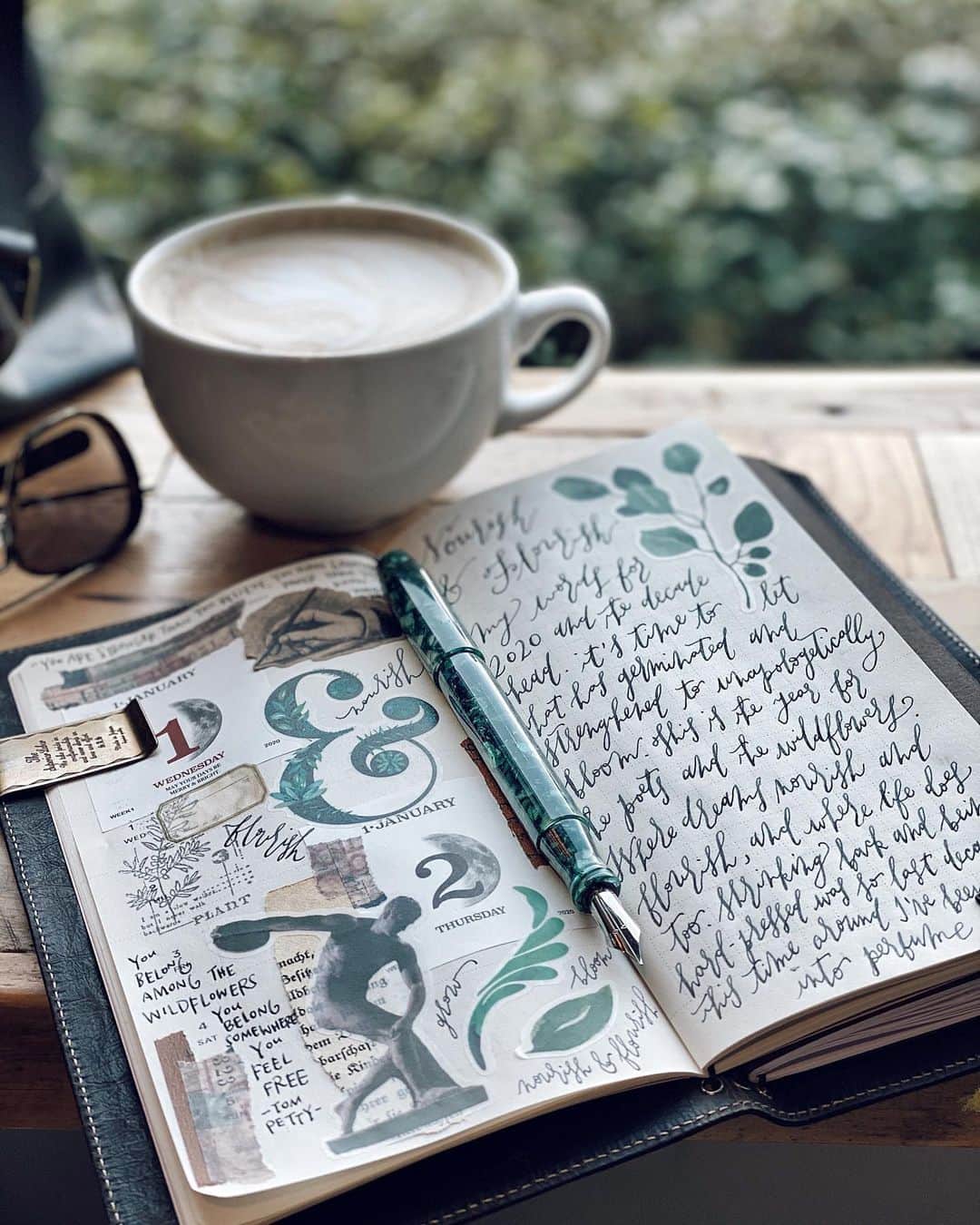 Catharine Mi-Sookさんのインスタグラム写真 - (Catharine Mi-SookInstagram)「First day in a new planner. Setting my intentions and goals, but first clearing the palette for dreams, big unabashed ones. Happy new cadence and new now. From my mug to yours, a hearty cheers! ☕️ . . . . Fromage Baguette Vin Rouge Planner @soumkine. Model 46 Fountain Pen in Winter Pine with the steel extra fine flex nib @franklinchristoph. Stickers @kiroku.de. Vagabond Notebook in NWF Dark Brown & Fortis Slingbag co-designed with @franklinchristoph - link in bio for both. Fusion Aviators @randolphusa. . . . . #planner2020 #journaling #soumkine #vagabondnotebook #fortisslingbag #franklinchristoph #fountainpens #teamkiroku #stationeryshop #bulletjournallove #bujo2020 #bujoinspo #bujoinspiration #stationeryaddict #stationerylove #loveforanalogue #travelersnotebook #scrapbooking #scrapbooklayout #coffeeshopcorners #coffeenclothes #coffeeshopsoftheworld #slowlived #thedailywriting #slowlivingforlife #creativejournal #creativejournaling #myrandolphs #aviatorsunglasses」1月3日 3時01分 - catharinemisook