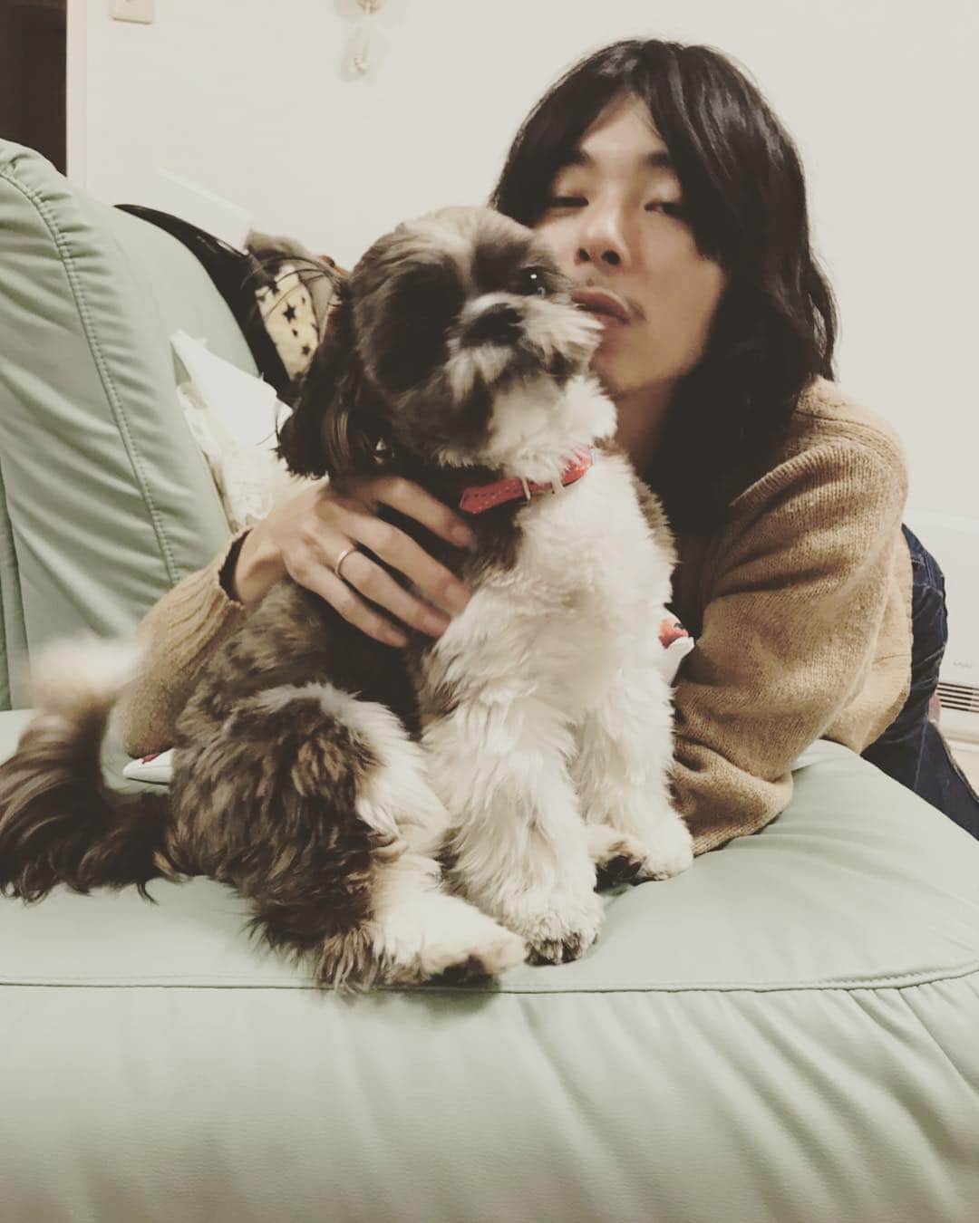 OKのインスタグラム：「遅ばせながら明けましておめでとう。 皆さん今年も会ったときはよろしくねー。 最近家族になったユキくんと年末騒ぎ明けフェイセズ」
