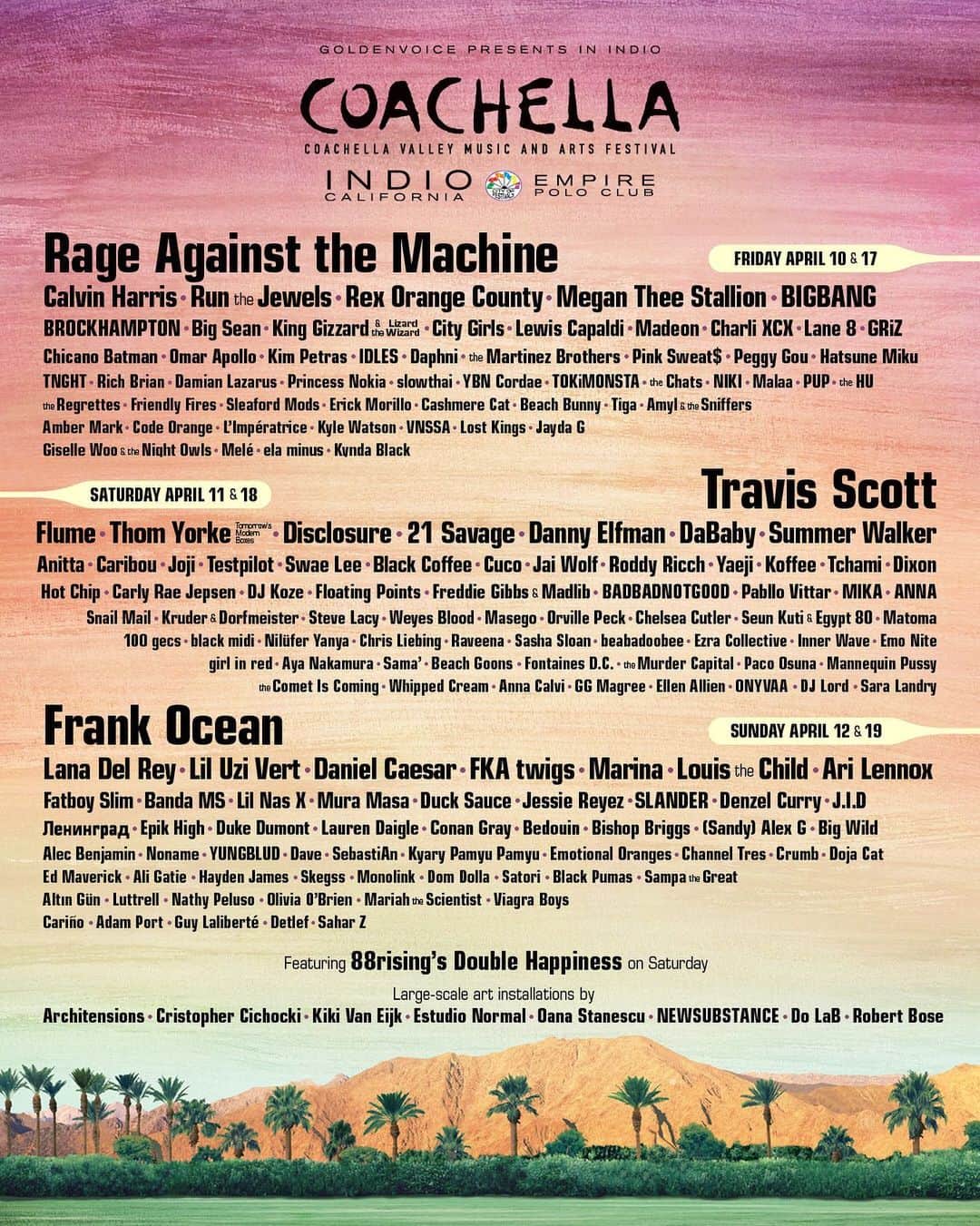 コーチェラのインスタグラム：「Weekend 1 is sold out 🌴 Register for Weekend 2 presale at Coachella.com. Presale starts Monday 1/6 at 12pm PT」