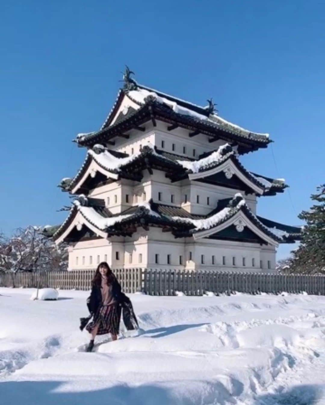 津島衣里さんのインスタグラム写真 - (津島衣里Instagram)「おはようなのだ☃️ 青い空っ♪白い雪〜♪ ‪ふふんふふんふふんふふんふんふんふふん‬♫ #青森 #弘前城 #行くぜ東北 #使徒みたいだね #てんきよしこちゃん」1月3日 10時16分 - eritsushima_official