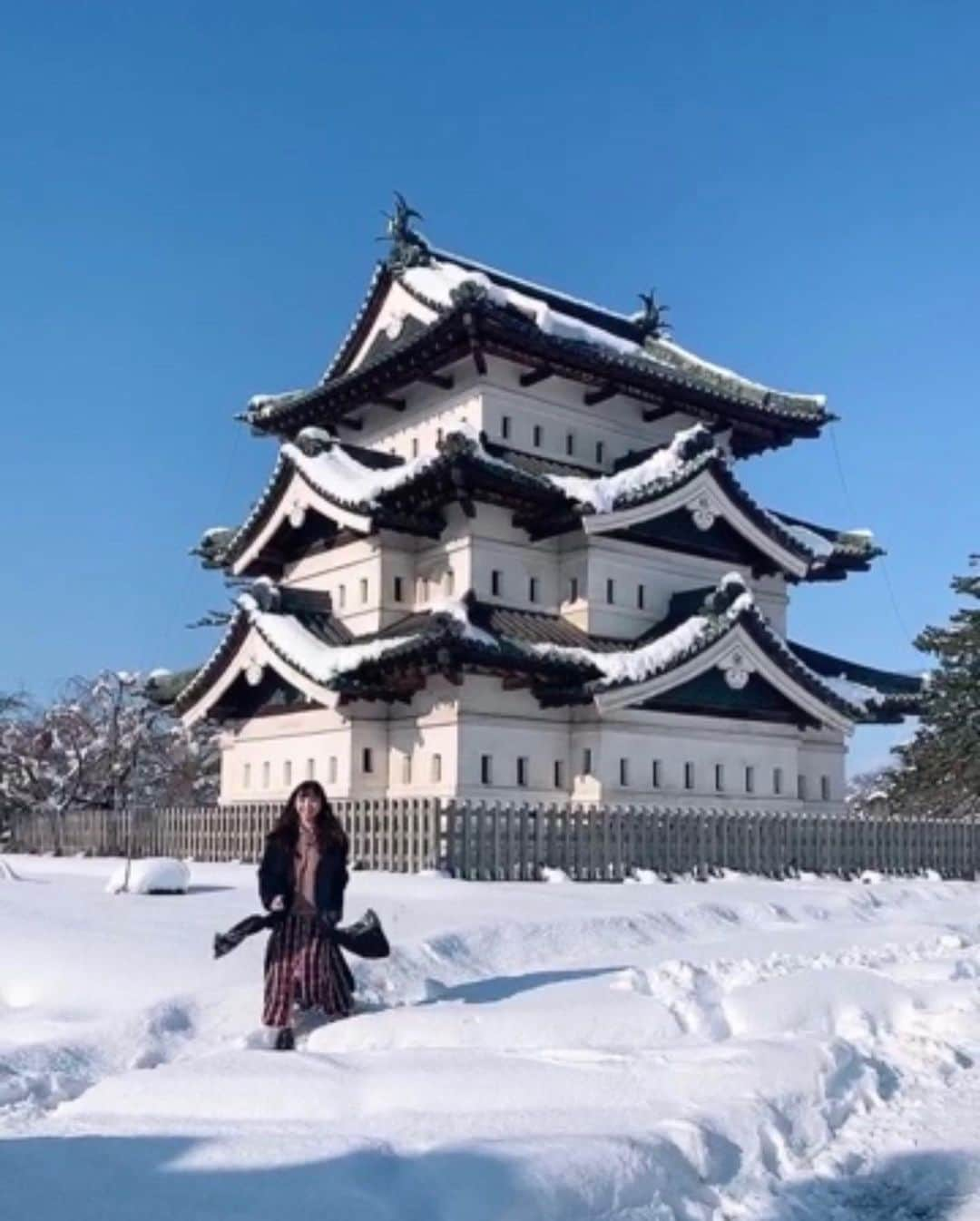 津島衣里さんのインスタグラム写真 - (津島衣里Instagram)「おはようなのだ☃️ 青い空っ♪白い雪〜♪ ‪ふふんふふんふふんふふんふんふんふふん‬♫ #青森 #弘前城 #行くぜ東北 #使徒みたいだね #てんきよしこちゃん」1月3日 10時16分 - eritsushima_official