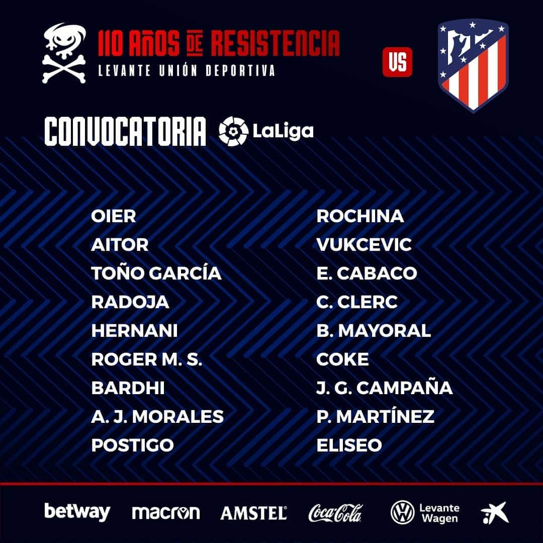 レバンテUDさんのインスタグラム写真 - (レバンテUDInstagram)「CONVOCATORIA | Estos son los jugadores convocados para el partido ante el @atleticodemadrid.  #AtletiLevante #110AñosDeResistencia 🐸☠」1月3日 20時58分 - levanteud