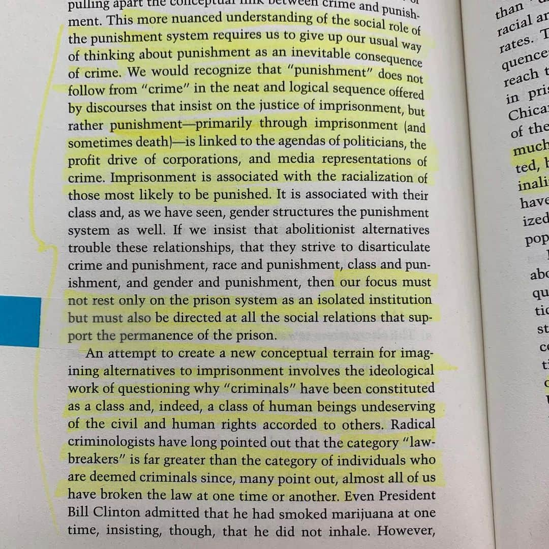 マット・マクゴリーさんのインスタグラム写真 - (マット・マクゴリーInstagram)「"Are Prisons Obsolete?" by Angela Davis # Spoiler Alert: Yes. First of all, Angela Davis is a gift to the world.  Her legacy of struggling for racial, economic, and gender justice is one that we can all learn from.  Importantly, she ties all of these issues together to make it clear that it is only by addressing interlocking systems of oppression holistically, that we will achieve a world of true liberation.  # As someone who identifies as a prison abolitionist myself, this book is a short and to the point wealth of information that makes the case for alternatives to caging human beings as a so-called attempt to solve social issues.  In reality, the prison system has been incentivized towards growth by cheap labor and a source of enormous profits in everything from phone companies (which are exploitative in their costs to those that are incarcerated and trying to call people who are incarcerated)  to food services.  And this does not apply only to private prisons.  # I am excited by the @reformlajails campaign in LA (that will be on the 2020 ballot as measure R!) that will seek to provide alternatives to caging human beings!  Many organizations formed the @justicelanow coalition that stopped the construction of $3.5 BILLION in new jails. There is important work being done and ample opportunities to get involved.  # "We thus think about imprisonment as a fate reserved for others, a fate reserved for the 'evildoers,' to use a term recently popularized by George W. Bush.  Because of the persistent power of racism, "criminals" and "evildoers" are, in the collective imagination, fantasized as people of color.  The prison therefore functions ideologically as an abstract site into which undesirables are deposited, relieving us of the responsibility of thinking about the real issues afflicting those communities from which prisons are drawn in such disproportionate numbers...it relieves us of the responsibility of seriously engaging with the problems of our society, especially those produced by racism and, increasingly, global capitalism." # My Booklist:  bit.ly/mcgreads (link in bio) #mcgreads」1月4日 2時51分 - mattmcgorry