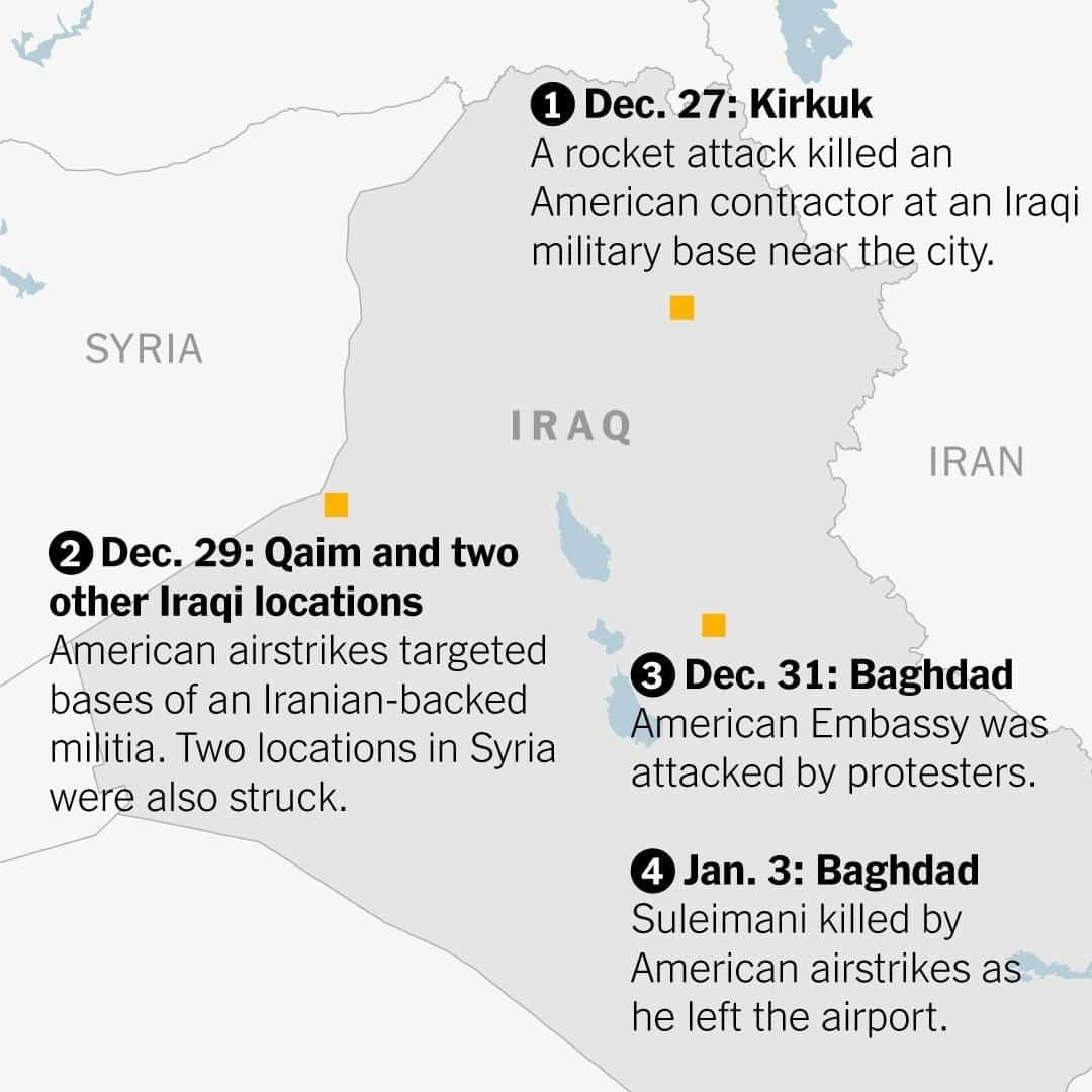 ニューヨーク・タイムズさんのインスタグラム写真 - (ニューヨーク・タイムズInstagram)「The U.S. ramped up its campaign against Iran early Friday when it killed a top Iranian commander, Maj. Gen. Qassim Suleimani, with a drone strike. Suleimani was a powerful figure in charge of Iranian intelligence gathering and was close to Iran’s supreme leader. The strike followed 8 days of airstrikes, protests and an attack on the American Embassy in Baghdad. Tap the link in our bio to see more maps detailing how the confrontation between the U.S. and Iran escalated.」1月4日 3時30分 - nytimes