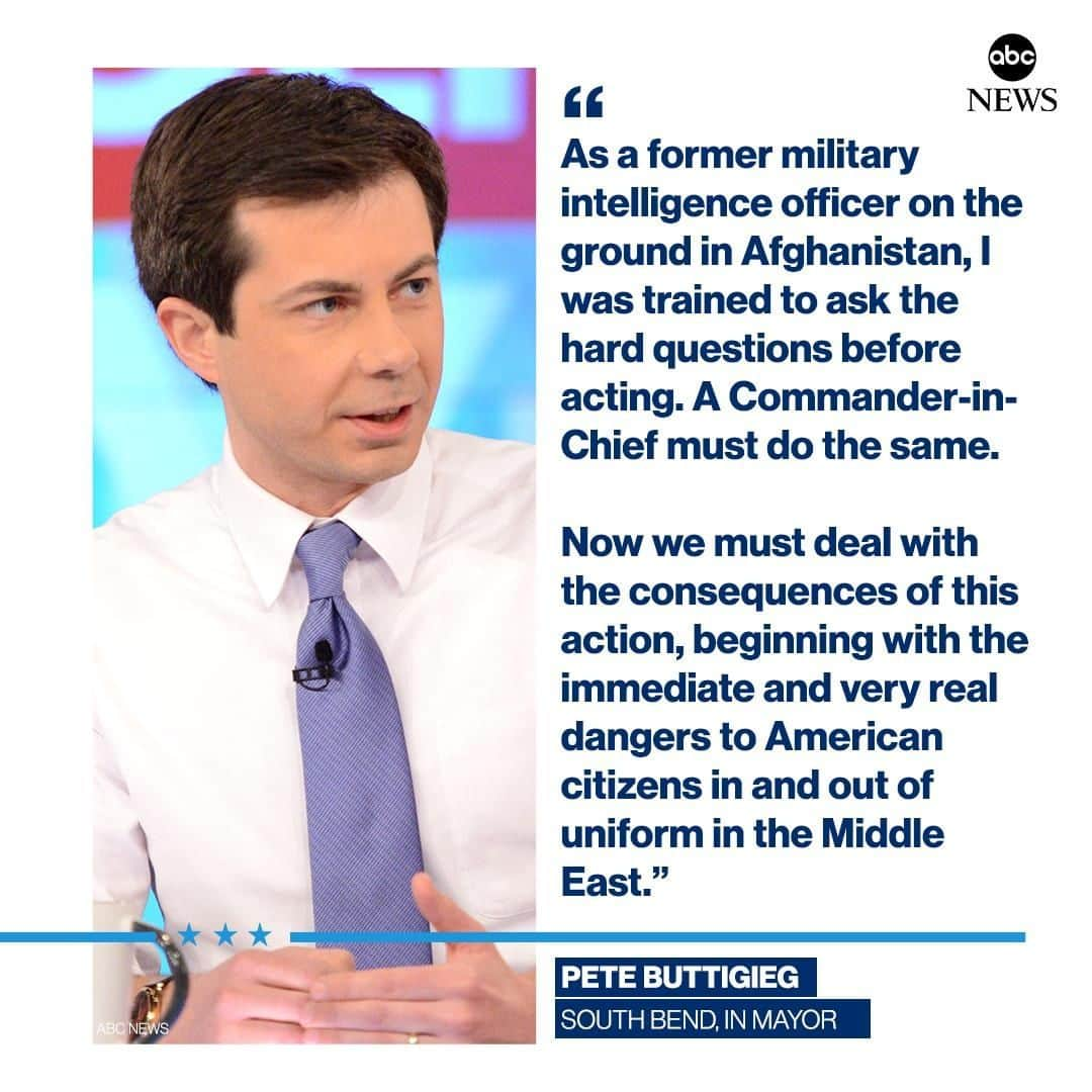 ABC Newsさんのインスタグラム写真 - (ABC NewsInstagram)「Pete Buttigieg on killing of top Iranian military commander: "As a former military intelligence officer on the ground in Afghanistan, I was trained to ask the hard questions before acting. A Commander-in-Chief must do the same." #buttigieg #politics #iran \」1月4日 3時42分 - abcnews