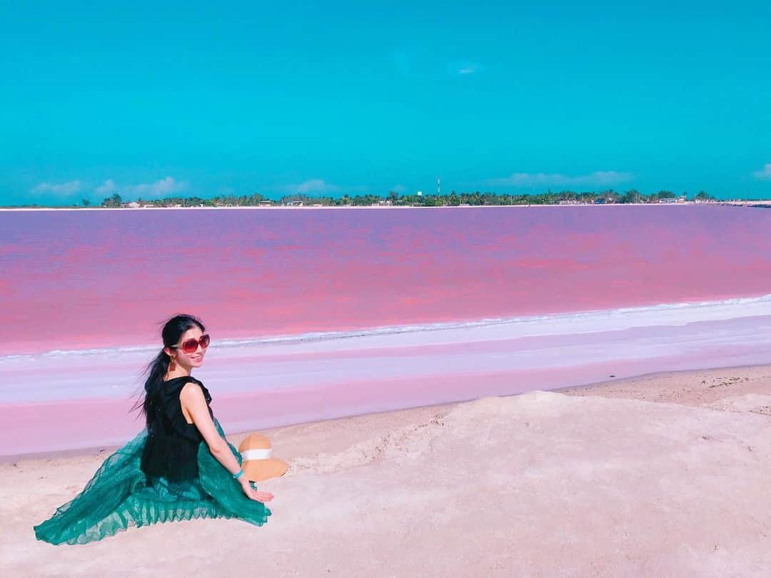 名越涼子さんのインスタグラム写真 - (名越涼子Instagram)「#死ぬまでに行きたい世界の絶景  #mexico #🇲🇽 #ユカタン半島 #pinklagoon  一一一一一一一一一一  湖がピンク色に染まる天然のアート 【ピンクラグーン】  絵具でも色鉛筆でも出せないような ピンク、青、紫色がまじった複雑な色合いに思わず絶句。  実はこれ 使われなくなった塩田らしく  周りの白い色をしたものは塩で 太陽の日が差すと 水の中にいる赤いプランクトンと小エビが反射して この湖の色をつくりだすのだとか。  ずっとずっと観ていたくなる とっておきのピンク。  メキシコ、カンクンからおよそ260キロ。 （だいたい東京から三河安城😇とおっ） ・ ・ ・  ユカタン半島の自然保護地区「リオ・ラガルトス」の 最東端の〝ラス・コロラダス″にあるここは  移動で腰が砕けそうになりながらも 絶対に観るべきスポット😇📍 ・ ・ ・ ・  一一一一一一一一一一 #pinklake#ピンクラグーン #ピンクレイク#lake#art #nature#naturearts  #beautiful#beautifulworld  #移動距離#bus#sightseen #beautifulspot #yucatanmexico #世界の絶景#bestview #mexicotrip」1月4日 16時43分 - nagoshi_ryo