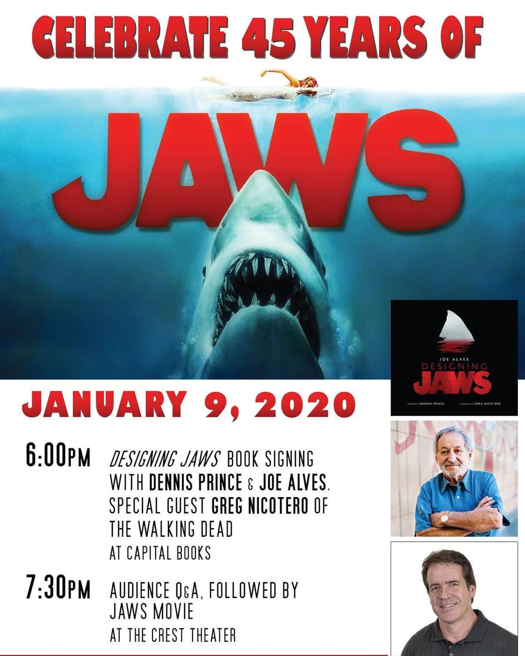 グレゴリー・ニコテロのインスタグラム：「Headed to Sacramento on January 9th to celebrate the release of DESIGNING JAWS book written by Dennis Prince about Production Designer Joe Alves and his part in making this classic movie.  I was honored to write the foreword so I’ve been asked to join the signing and Q&A before a screening of JAWS.  After having the opportunity to restore the last original casting of the shark for the soon to be opening @academymuseum my JAWS resume grows.  Who would have ever known :) #jaws #booksigning #joealves #dennisprince #mechanicalshark #capitalbooks #sacramento @dennislprince」