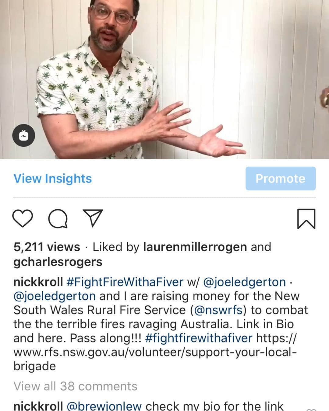 ジョエル・エドガートンのインスタグラム：「Love this guy and his inspiration... not only to donate his ENTIRE FEE for his shows but to find a way to inspire people to donate to the fires... #FightFireWithAFiver www.rfs.nsw.gov.au/volunteer/support-your-local-brigade」