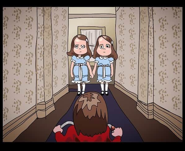 のインスタグラム：「（ネタバレ) 「ドクタースリーブ 」 ようやく観ました。 ゾンビのサイキックバトルみたいな映画でした。ホテル在住の幽霊たちもいつのまにかゾンビになってて、えー…そうなの〜…！？(^◇^;) ゾンビ軍団達もヒッピーみたいでカッコ悪いし、変な水筒みたいなのにタマシイ入れてるし、撃たれると死んじゃうし…そっくりさんが似てないし…（ハロランさんはケッコー似てた)子供殺害シーンは陰惨だし…色々なんだかな〜…でした。でも、 久々にホテルの中見て回れたのは良かったかな…最後に燃やされちゃったけど…。 特にステキなシーンもなかったので落書きは1作目のおなじみのシーン。ついでに平行視の3Dバージョンも。」