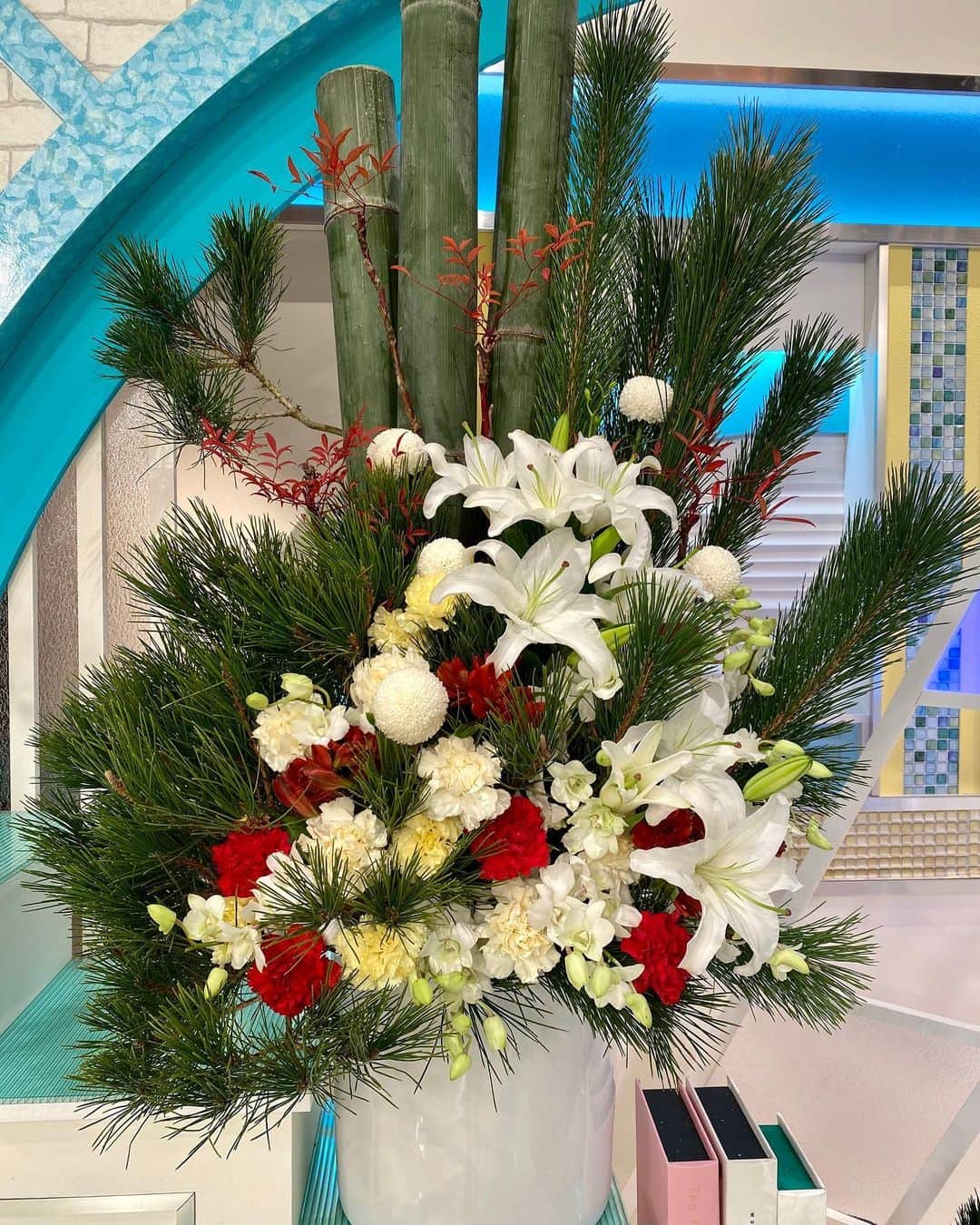 福岡放送「バリはやッ!」さんのインスタグラム写真 - (福岡放送「バリはやッ!」Instagram)「🎍明けましておめでとうございます🌄 1/6〜のバリはやッ！スタジオの装花です✨ "本日のお花は、新年にふさわしく門松風に制作致しました。竹のようにすくすくと、松のように常に青々と、番組をお花で盛り上げます"  by #takeshithemangrove  ありがとうございます‼️ #ピンポンマム　#若松　#南天　#竹　#カーネーション　#デンファレ　 #花のある暮らし #正月の花　#正月装花　#1月の花　#冬の花　#謹賀新年」1月6日 8時08分 - barihaya