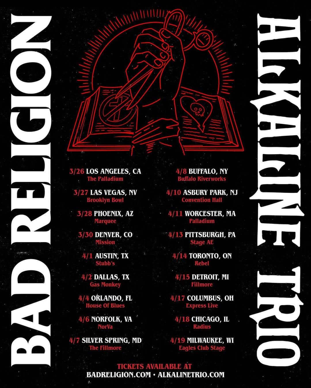 Bad Religionさんのインスタグラム写真 - (Bad ReligionInstagram)「12 Noon local time this tour officially on sale at BADRELIGION.COM #badreligion #alkalinetrio #fridaythe13th」12月13日 21時42分 - badreligionband