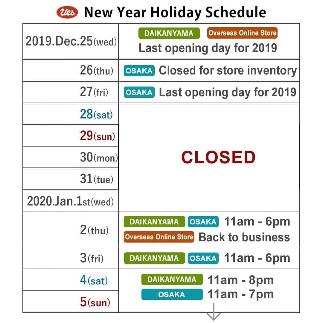 のインスタグラム：「uesdenimjapan This is the year-end and New Year sales schedule for UES stores and Official Online Store. The last business day of the year varies depending on the store, so please check when you visit. In the New Year 2020 stores will be back open from January 2nd(Thur). We will have New Year special novelties prepared and we look forward to seeing you. . ★ Christmas campaign now being held! During the campaign period, customers who purchase over 2,000 yen excluding tax at UES directly managed stores (Osaka / Daikanyama) and in the Official Online Store will receive a special 2019 Christmas coaster. However, please note that the coaster will end as soon as stock finishes. . ★ From December 14th (Sat), a fully custom-made indigo polo shirt order reception will begin! Details will be announced on the online shop and SNS, so please stay tuned. . #ues #uesdenim #japanesedenim #madeinjapan #japanmade #fadeddenim #uespolo」