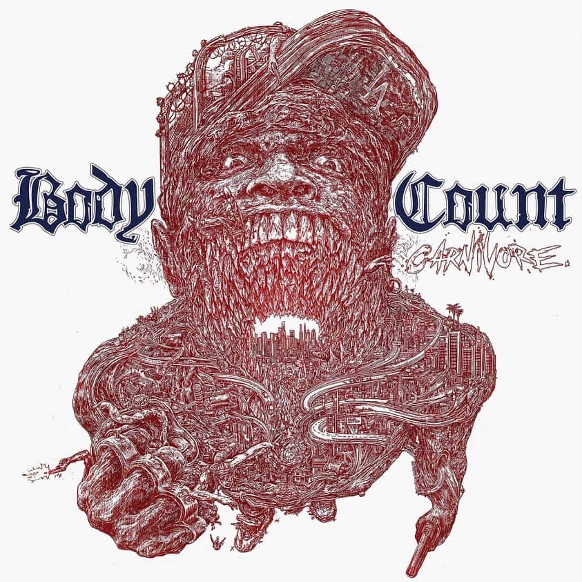 Revolverさんのインスタグラム写真 - (RevolverInstagram)「@bodycountofficial’s new song “Carnivore” crushes. As does the cover art for their forthcoming album of the same name, created by Polish artist @zbigniewmbielak, best known for his illustrations for occult-rock heroes #Ghost. The artwork, with its intricate, bloodlined living map, pays homage to Body Count's hometown of Los Angeles. #theregoestheneighborhood」12月14日 4時21分 - revolvermag