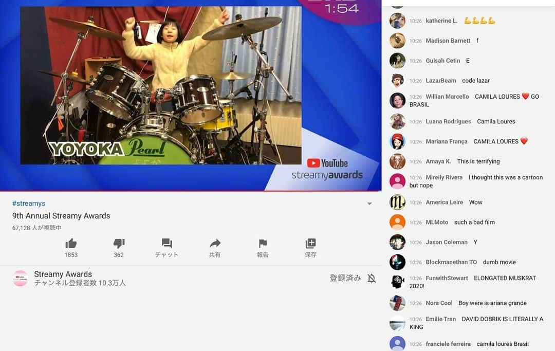 かねあいよよかさんのインスタグラム写真 - (かねあいよよかInstagram)「‪I am participating in a video at the award ceremony for “YouTube Streamy Award” in LA❗️ Watch now🤗‬﻿ ﻿ ‪ https://youtu.be/cy_qDTlbyj0﻿ ﻿ ‪いまロサンゼルスで開催中、動画のアカデミー賞といわれるYouTube Streamy Awardからオファーを受けビデオを提供しました🥁‬﻿ ‪この後も出てくるので是非観てください😃‬ #youtube #streamyawards」12月14日 10時47分 - yoyoka_drums