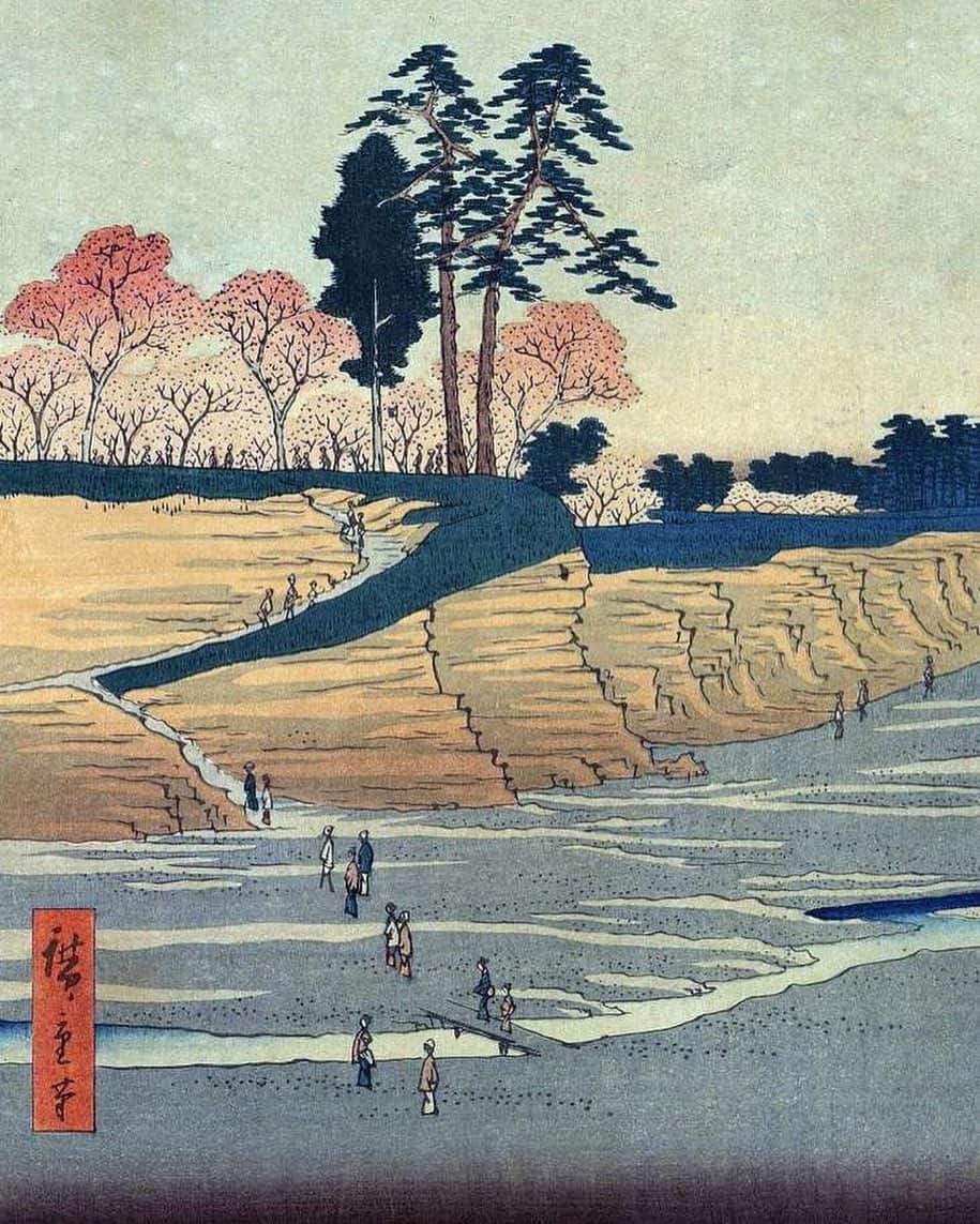 東京DANDYのインスタグラム：「(2/3) Having delivered a letter from the President of the USA to the Japanese Shogunate, the black ships left with the promise to return the next Spring. Immediate measures to improve the defense of Edo (present-day Tokyo) carried out. Huge chunks of land were torn from the hillside of Gotenyama, one of the most famous cherry blossom viewing sites in Edo, and used to fill in fortified battlements known as 'daiba' in Tokyo Bay. This woodblock print from Hiroshige's '100 Famous Views of Edo' depicts Gotenyama post-pillage - the destruction of a natural scene of beauty by modern technology was one of the first of its kind in an artwork. (there are actually 119 images in Hiroshige's book - that's why I chose 119 photos for my book as despite over a century time difference we share some of the same themes and places). Gotenyama is in present-day Shinagawa, look it up in google maps to see how much of Tokyo has been reclaimed from the sea since then. . #DisposablesBook #Daiba #Odaiba #UkiyoE #WoodBlockPrints #Tokyo #Japan #100FamousViewsofEdo #名所江戸百景 #浮世絵 #Hiroshige #安藤広重 #東京 #JapaneseArt #Shingawa #桜 #CherryBlossom」