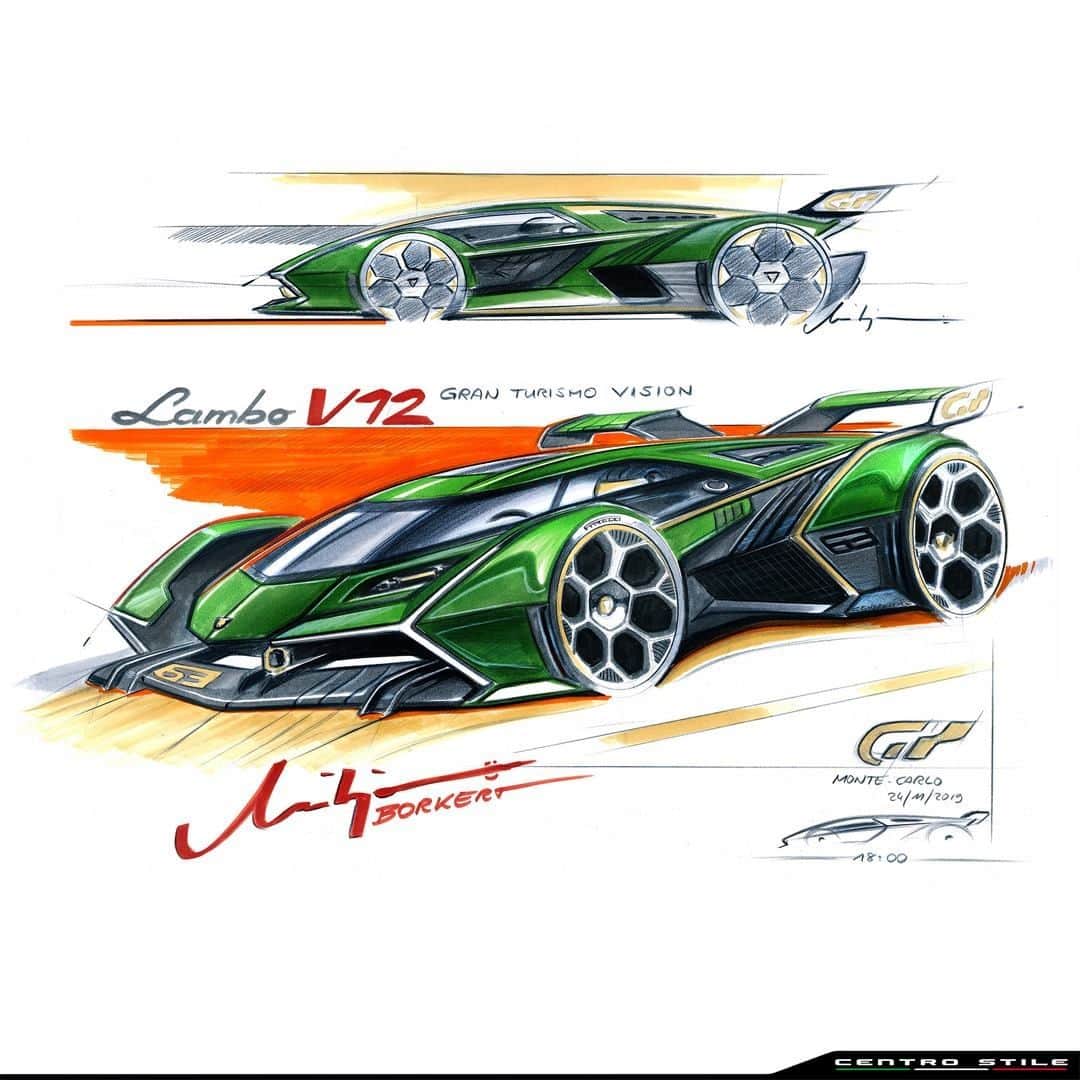 のインスタグラム：「A sketch so realistic that you can almost hear the head-turning roar of a Lamborghini.  The Lambo V12 Vision Gran Turismo, sketched by Centro Stile Lamborghini, presents our virtual vision in the form of a real model. Its sophisticated aero dynamism is proof of our futuristic aspirations.  #Lamborghini #VisionGranTurismo #LamborghiniESports #CentroStileLamborghini」