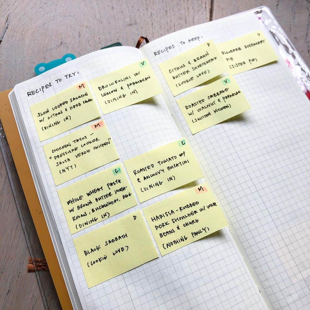Dara M.のインスタグラム：「Recipes to try vs Recipes to keep. I’m usually brain dead by the time I actually need to cook dinner. I’m trying meal planning in hobo weeks using post-it notes to collect recipes I come across. I’ve been moving the post-it to the week that I’m planning to cook and moving it back here once I decide if I like it enough to repeat or discard if I didn’t like it. #plannercommunity #hobonichiweeks #hobonichi #minimalistplanner #mealplanning #postit」