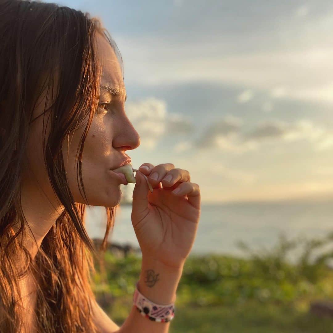 ブリアナ・エヴィガンのインスタグラム：「First things first... kiss and eat every purple flower you can get, while watching the sunset, listening to the ocean, watching the people go by, and taking a little time for yourself. #soulisfed jump in and be good to yourself.」