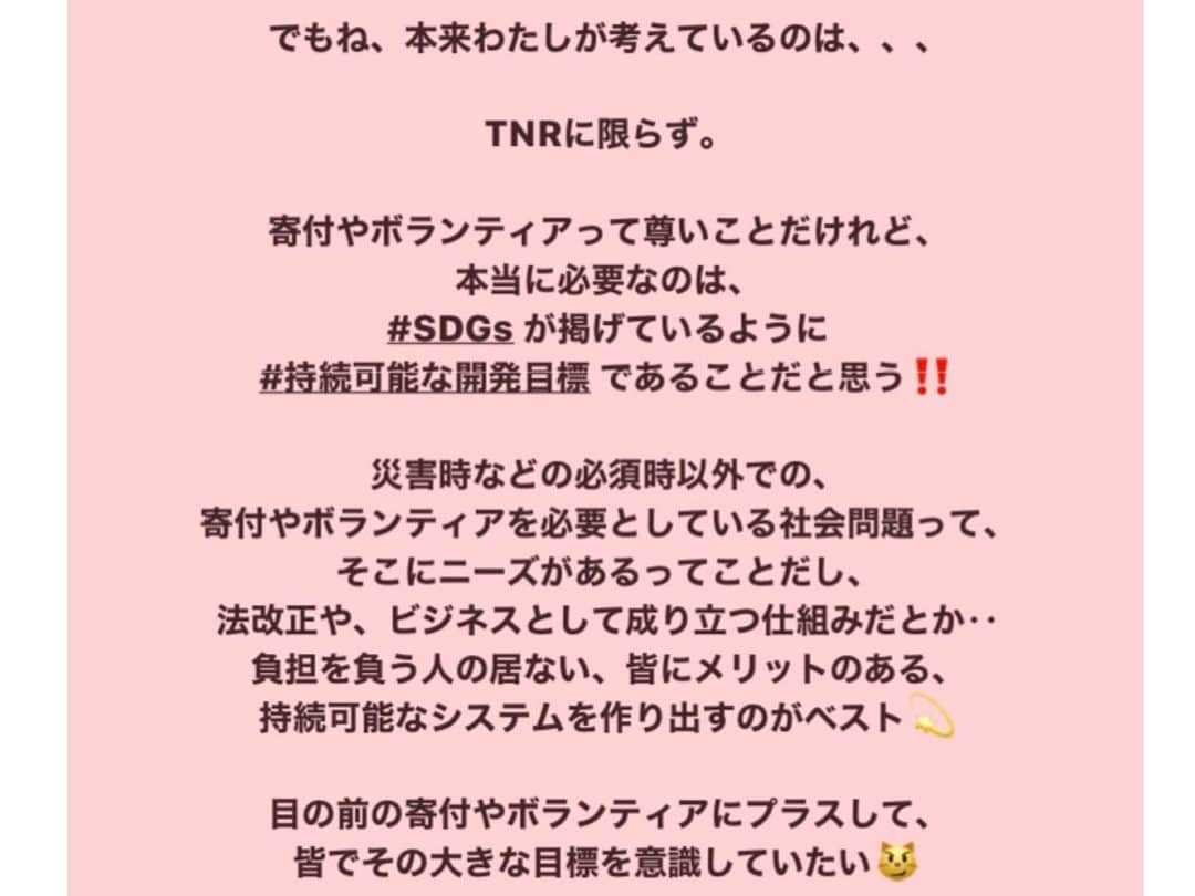 白井ゆかりさんのインスタグラム写真 - (白井ゆかりInstagram)「#さくらねこTNR活動﻿ 詳細はストーリーにまとめました🐈🐾﻿ ﻿ ﻿ #殺処分ゼロ を目指し、﻿ 野良猫に避妊手術を施し、地域猫として見守るための活動。﻿ ﻿ ﻿ 👉#TNR とは？﻿ Trap(トラップ)捕獲すること﻿ Neuter(ニューター)避妊去勢手術のこと﻿ Return(リターン)猫を元の場所へ帰す﻿ ﻿ 👉#さくらねこ とは？﻿ 避妊手術を施された野良猫は、その目印として片耳の耳先をV字にカットされます。﻿ ﻿ この目印があることで、再度捕獲麻酔をされるリスクを避けられます。﻿ 一代限りの命となった地域猫を大目に見てね、の意味合いも。﻿ ﻿ ﻿ ﻿ 今回利用させて頂いたのは #どうぶつ基金 さんのTNRチケット。﻿ ﻿ 寄付とボランティアと提携動物病院で成り立っている @doubutukikin 。﻿ ありがとうございました✨﻿ ﻿ ﻿ ﻿ 地域にまだまだ野良猫たくさんいるので、﻿ #TNR活動 続けていく！﻿ ﻿ ﻿ ﻿ #捕獲器 #猫﻿ #僕らの居場所は言わにゃいで #街ねこ #街ねこ制度 #野良猫 #地域猫 #さくらねこサポーター #猫ボラ #猫ボランティア #SDGs #持続可能な開発目標﻿ ﻿」12月15日 14時24分 - yukarealestate