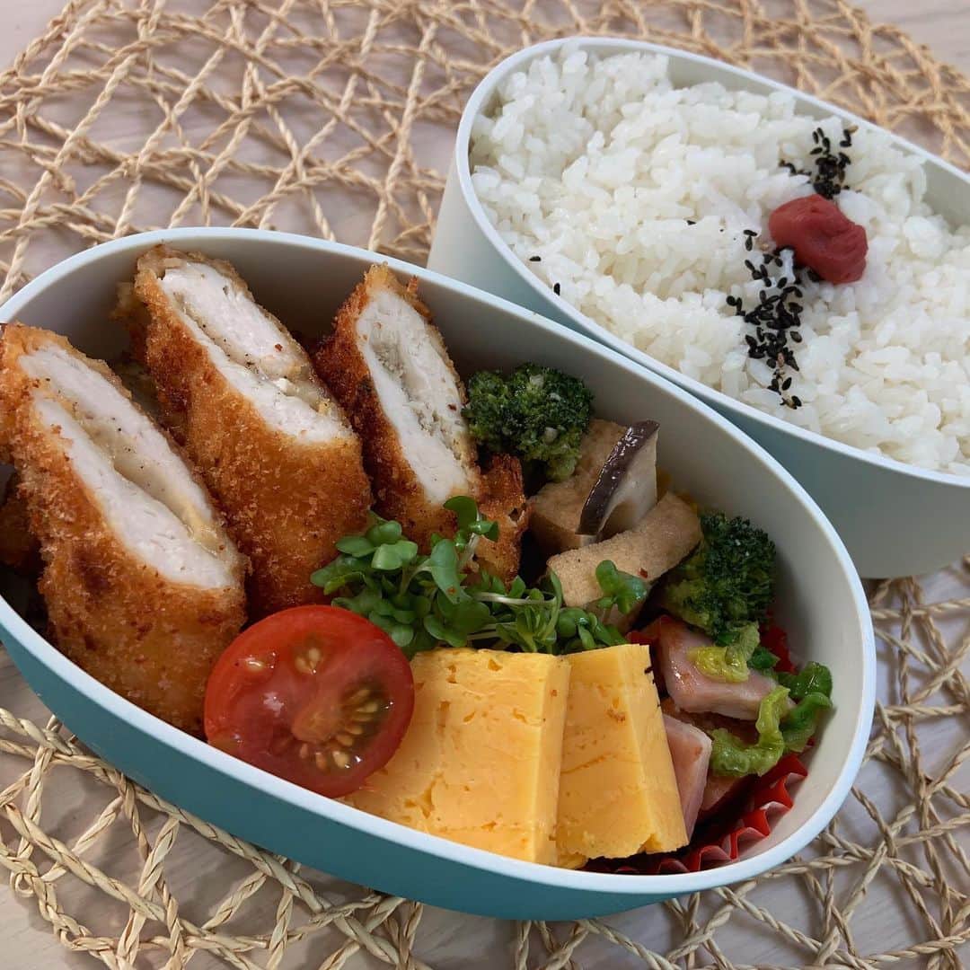 本田しおりのインスタグラム：「#今日のお弁当 #ささみカツ弁当 #チーズささみカツ#ねぎ塩ささみカツ #玉子焼き#ブロッコリーと厚揚げとエリンギの中華炒め#ベーコンと白菜のサッパリ煮  今日は2種類のささみカツ弁当^ ^ 写真撮るの忘れたけど #おにぎり🍙  は #ぶなしめじちりめん山椒おにぎり  #今日も今日とて #お弁当 #本田弁当 #旦那さん弁当 #神ちゃん弁当」