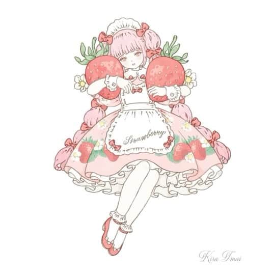 今井キラのインスタグラム：「ラフからイラストができるまで。﻿ ﻿ 個展の時に何人かのお客様からラフを見てみたいと言われたので動画にしてみました。﻿ ラフはすごーく適当なのでお恥ずかしい。。🤭﻿ ﻿ 🍓﻿ ﻿ 🍓﻿ ﻿ 🍓﻿ ﻿ #kiraimai #sweetlolita #lolitafashion #kawaii #lolitagirl #Strawberry #🍓 #メイキング #drawing #draft #🎨 #🎨🖌」