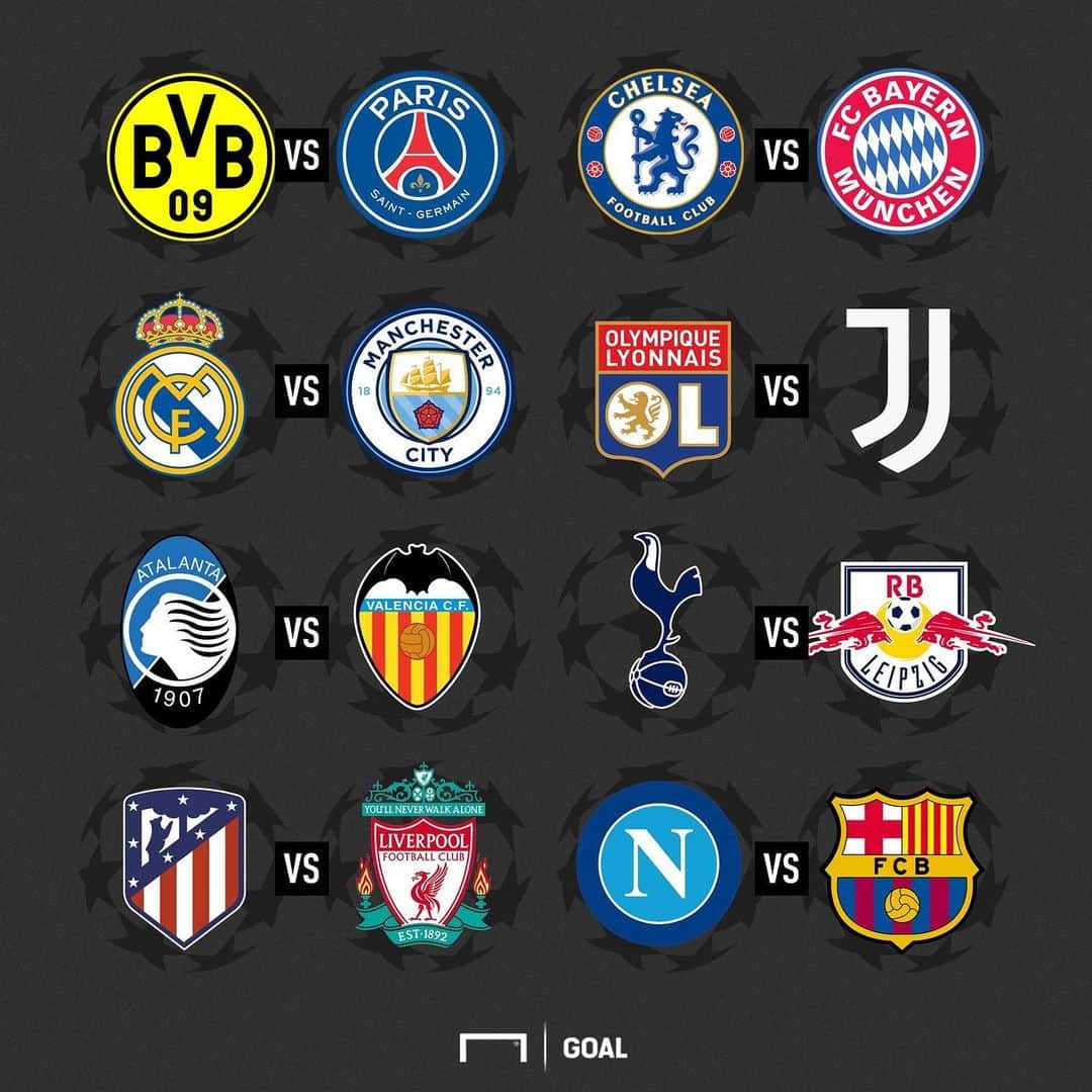 のインスタグラム：「. #UCL ラウンド16の組み合わせが決定!! . 🇩🇪 ドルトムント × パリ・サンジェルマン 🇫🇷 🏴󠁧󠁢󠁥󠁮󠁧󠁿 チェルシー × バイエルン 🇩🇪 🇪🇸 レアル・マドリー × マンチェスター・C 🏴󠁧󠁢󠁥󠁮󠁧󠁿 🇫🇷 リヨン × ユヴェントス 🇮🇹 🇮🇹 アタランタ × バレンシア 🇪🇸 🏴󠁧󠁢󠁥󠁮󠁧󠁿 トッテナム × ライプツィヒ 🇩🇪 🇪🇸 アトレティコ・マドリー × リヴァプール 🏴󠁧󠁢󠁥󠁮󠁧󠁿 🇮🇹 ナポリ × バルセロナ 🇪🇸 . #soccer #football #uefa #uefachampionsleague #championsleague #サッカー #フットボール #⚽」
