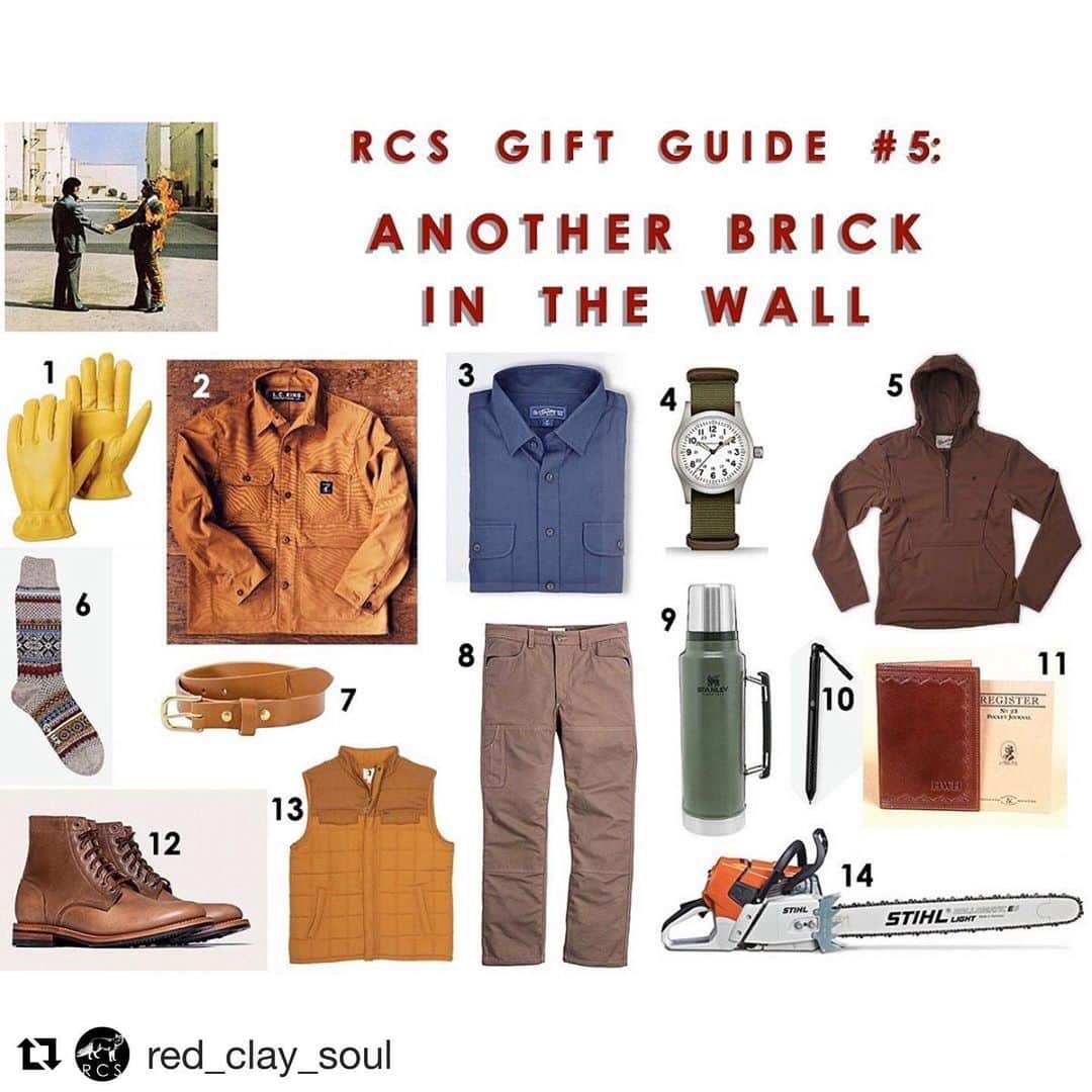 のインスタグラム：「#Repost @red_clay_soul Thank you for keeping us in such #stellar company!!🤠👊🏻 ・・・ On the Blog • Gifts for the Working Man...workwear-ish gifts that’ll get the job done. Click the link in bio to see the rundown #giftideas #gifts #giftsforhim #giftguide #christmas #workwear #workingman #job #RCSStyle」