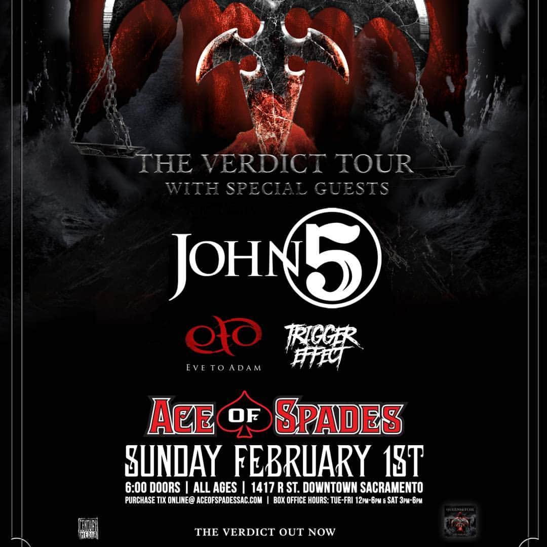 Queensrycheさんのインスタグラム写真 - (QueensrycheInstagram)「NEW DATE ANNOUNCEMENT!! February 1st at @aceofspadessac in Sacramento, California with our special guests John 5, Eve To Adam and Trigger Effect!! Tickets are on sale NOW: https://concerts1.livenation.com/event/1C00578BC31861ED  #queensryche #theverdicttour #john5 #evetoadam #triggereffect #ticketsonsalenow #sacramento #california」12月17日 3時29分 - queensrycheofficial