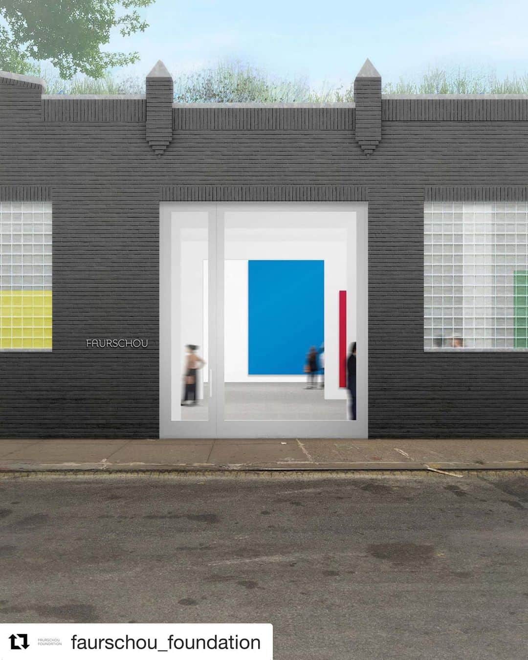 松山智一のインスタグラム：「So happy to have a new museum 2 blocks away from my studio in Greenpoint , Brooklyn.  まじか！ブルックリンの地元にスタジオから数百メートルのところに新しい美術館が。これは嬉しい。 #Repost @faurschou_foundation with @get_repost ・・・ We’re excited to announce that we’re expanding to New York City this fall, as #faurschoufoundation is opening a permanent exhibition space in Greenpoint on November 3. – The newly renovated 12,000 square-foot industrial warehouse will give us a new platform to showcase large-scale installations and experiential works from our collection, thematic group shows, and solo presentations of acclaimed artists from across the globe. – We hope to further enhance the rich cultural landscape of NYC by providing unique experiences for local, regional, and international visitors. As with all of our exhibition spaces, Faurschou New York will be free and open to the public. – Image: Rendering of the facade of Faurschou New York. © Faurschou Foundation.」