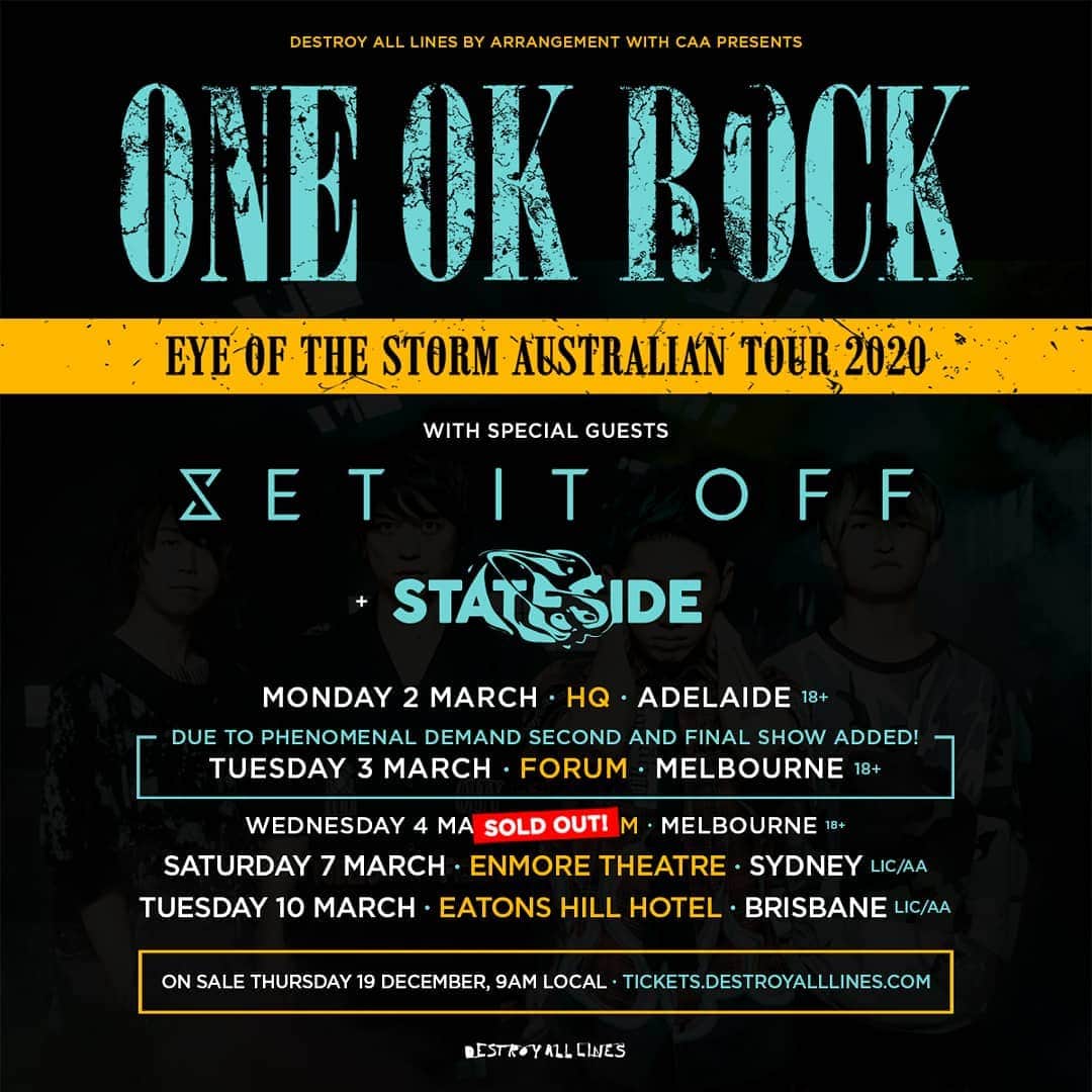 ONE OK ROCKさんのインスタグラム写真 - (ONE OK ROCKInstagram)「Due to great demand we are excited to announce a second show in Melbourne.  Get tickets here! http://www.oneokrock.com/en/news/3012 #oneokrock」12月17日 14時01分 - oneokrockofficial
