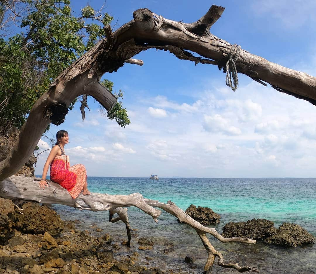 芳美リンさんのインスタグラム写真 - (芳美リンInstagram)「いつまでもいたくなるよね🌊﻿ ﻿ アイランドホッピングで最後に立ち寄ったタップ島🏝﻿ ﻿ 面白い木を見つけて、一人で撮影しようと四苦八苦していたら、通りかかった女の子が撮ってくれました♪﻿ ﻿ 「gopro�8なんだね！私は7〜☺」﻿ と盛り上がりました。﻿ ﻿ ﻿ 前にセブのアイランドホッピングでは、オジサマに使い方聞かれて盛り上がったな☺懐かしい。﻿ ﻿ GoPro仲間、色々な国で会えるね。✨﻿ ﻿ #クラビ#アイランドホッピング﻿ #kkday#kkdayjp#pr﻿ #GoProjp#gopro8#goproのある生活 #トラレコwifi ﻿﻿ ﻿ #タイ#クラビ#タップ島﻿ #旅したくなるフォト  #海外旅行 #travelstagram #旅人 #lynn_trip #旅 #travelme #travel #trip #traveler #旅好きな人と繋がりたい﻿﻿ #travelholics﻿﻿ #thailand#krabi#tapisland﻿#ヒトサラハワイ#ヒトサラハワイお年玉キャンペーン」12月17日 20時41分 - lynn.lynn5