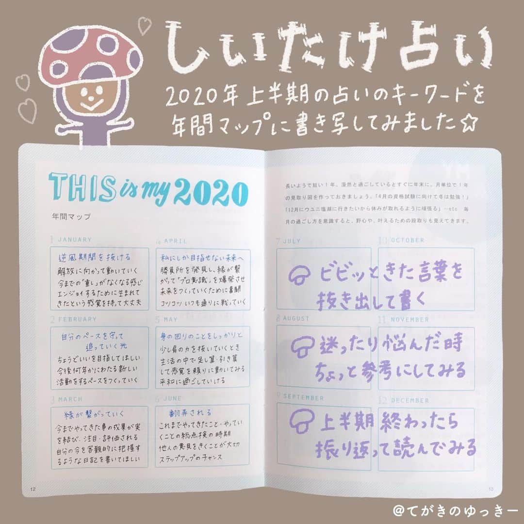 てがきのゆっきー さんのインスタグラム写真 - (てがきのゆっきー Instagram)「.﻿ ﻿ 2020年上半期の #しいたけ占い 🍄﻿ ﻿ 今年も #週末野心手帳 年間マップに書き写しました！﻿ 2019年よりシンプルに…✨﻿ ﻿ わたしは1月生まれの山羊座なのですが﻿ 「エンジョイするために生まれてきた﻿  という感覚を持って大丈夫」﻿ だなんていい言葉が書いてありました🥰﻿ ﻿ 何か新しいことにチャレンジするとき、﻿ 何か迷ったとき、立ち止まったとき等に﻿ しいたけ占いの言葉を読み返しています。﻿ 不思議と自分の状況に当てはまることが多いです😊﻿ ﻿ 来年もたくさんいいことがありそうで﻿ いまから楽しみだなあ😇﻿ ﻿ しいたけ占いは、無料で読める占いなので﻿ 検索して読んでみてください✨﻿ ﻿ ﻿ ------------🧍🏻‍♀️🧍🏻‍♀️🧍🏻‍♀️------------﻿ ﻿ ﻿ Perfumeの「Miracle Worker」という曲に﻿ 「起こせミラクル」という歌詞があって、﻿ この言葉がすごく好きです。﻿ ﻿ こんなことがあるといいな〜って﻿ 奇跡が起きるといいな〜と思うだけじゃなくて、﻿ ミラクルを（自分で）起こす！っていう﻿ めちゃくちゃ前向きな言葉だなあって✨﻿ ﻿ 来年のわたしのキーワードは﻿ 「起こせミラクル」にしようと思います😇﻿ （いま突然決めた！）﻿ ﻿ Perfumeのこの曲、ぜひ聴いてみてください💓﻿ なんだか「なんでも出来ちゃうかも！！」って﻿ 気持ちになる曲です😊﻿ ﻿ #週末野心手帳2020 #週末野心 #カスタマイズエブリデイ #年間マップ #手帳 #手帳の中身 #手帳術 #手帳タイム #手帳の使い方 #手帳時間 #手帳ゆる友 #手帳好きさんと繋がりたい #手帳のある生活 #手帳のある暮らし #ノート #ノート術 #手書き加工 #手書き文字 #手書き手帳 #iPad芸人 #来年の手帳 #しいたけ占い2020上半期 #わたしと手帳とipad #手帳活用 #手帳好きさんと繋がりたい #手帳好朋友 #おうちノート部 #週末野心手帳カスタマイズ」12月17日 21時19分 - tegakinoyuki