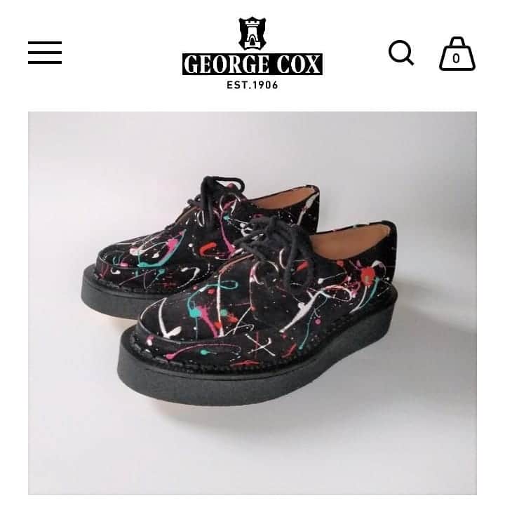 のインスタグラム：「Festive fun: black suede creeper hand splatter painted in white, turquoise, fuchsia and orange. Just one per size 4-10. When they're gone, they're gone . Also available soon in strictly limited numbers at @british_boot_company @trashandvaudeville  @posers_hollywood  @georgecoxshop . #theoriginalcreeper #madeinengland #georgecox #splatter #leadyourway」