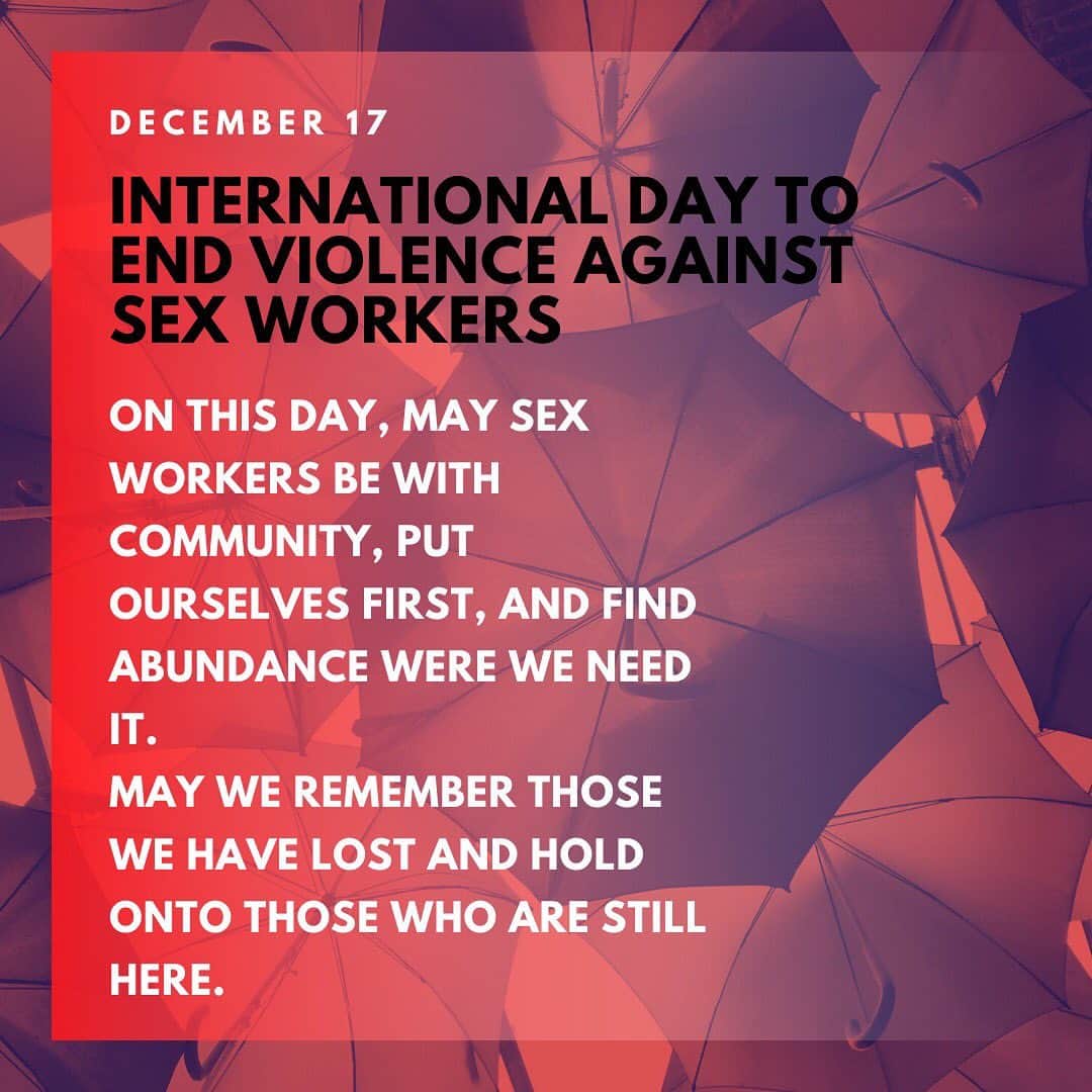 Mia Littleさんのインスタグラム写真 - (Mia LittleInstagram)「Image description: graphics with text that reads as follows against a background of red umbrellas  December 17 International Day to End Violence Against Sex Workers  In remembrance of all the community members we have lost to violence  Violence against sex workers is a manifestation of stigma  Violence against sex workers is a manifestation of  Sexism Poverty Transphobia Racism Whorephobia Criminalization  To end violence against sex workers, it is essential to challenge... Sexism Poverty Transphobia Racism Whorephobia Criminalization  On this day, may sex workers be with community, put ourselves first, and find abundance where we need it.  May we remember those we have lost and hold onto the ones who are still here.」12月18日 2時56分 - alittleedutainment