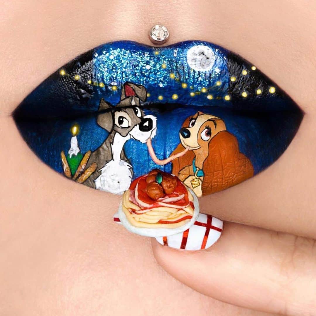 Jeffree Star Cosmeticsさんのインスタグラム写真 - (Jeffree Star CosmeticsInstagram)「A true love story 🍝❤️ This incredible Lady and The Tramp lip art was created by lip art queen herself @missjazminad using #velourliquidlipstick shades Drug Lord, Queen Bee, Mistletoe, Titanic and Blue Velvet 🐕✨ #jeffreestarcosmetics」12月18日 7時06分 - jeffreestarcosmetics